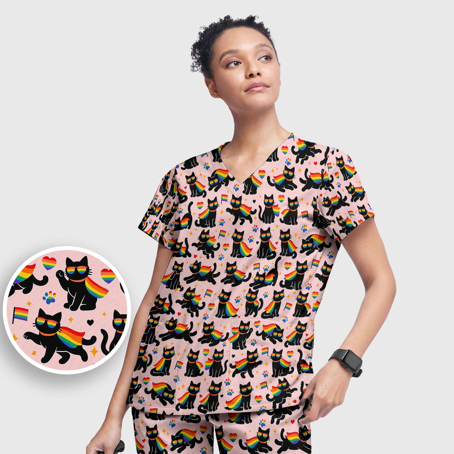 Rainbow Black Cat Pride Pattern Scrub Set, Breathable Med Uniform