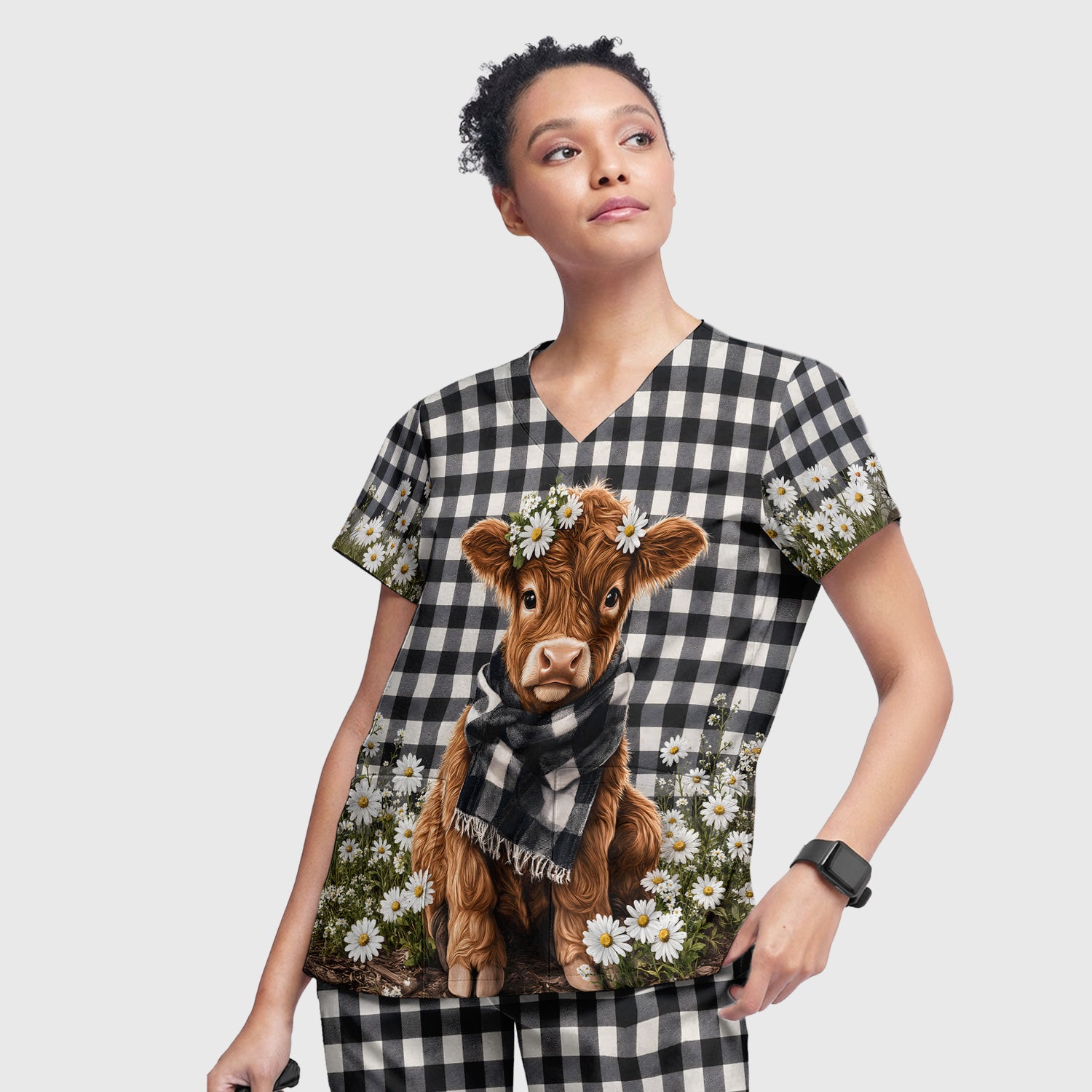 Highland Cow Daisy Pattern Scrub Set, Scrub Pants and V Neck Top