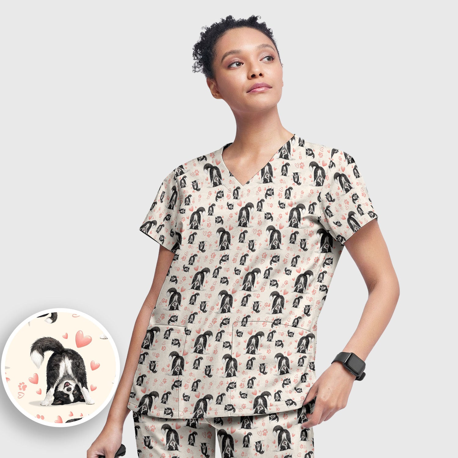 Cute Puppy Heart Medical Pattern Scrub Uniform, Women's Scrub Sets