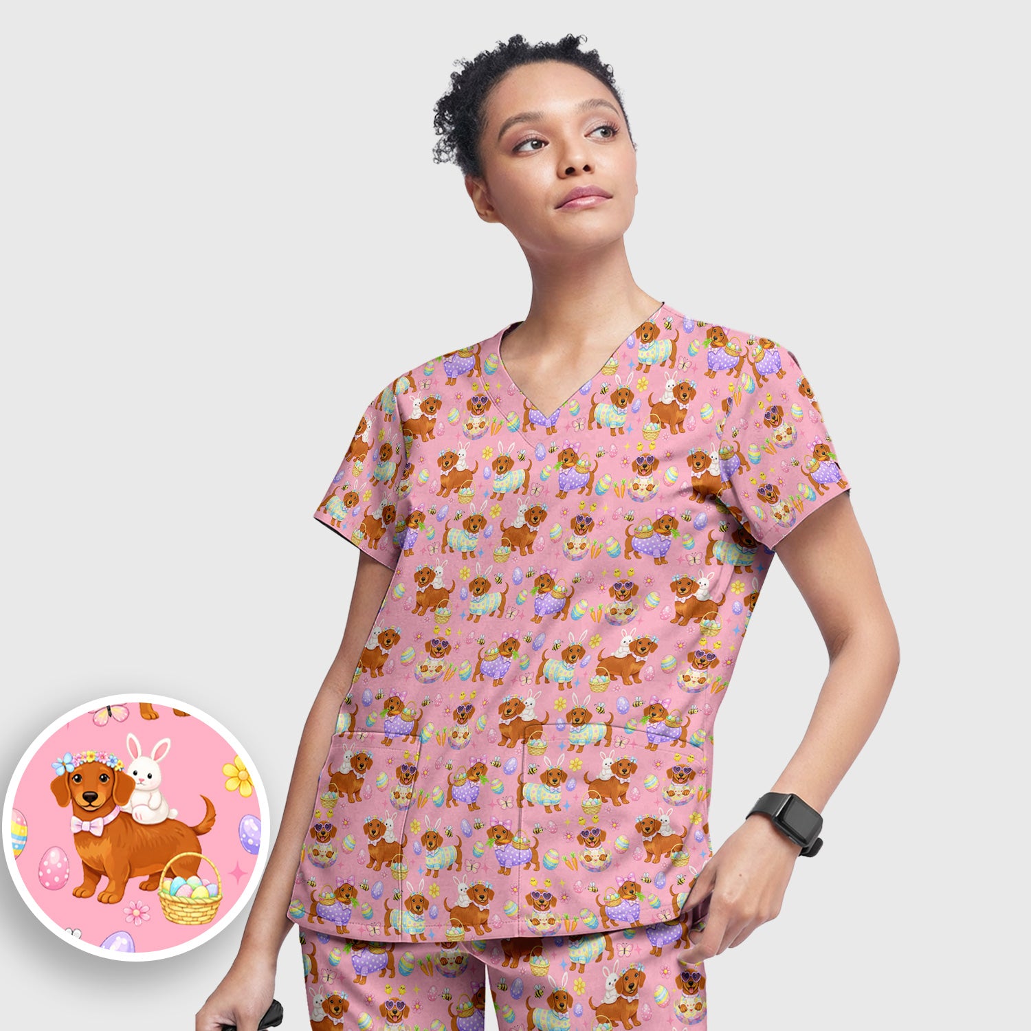 Cute Easter Dachshund Dog Pattern Scrub Set, Scrub Pants and V Neck Top