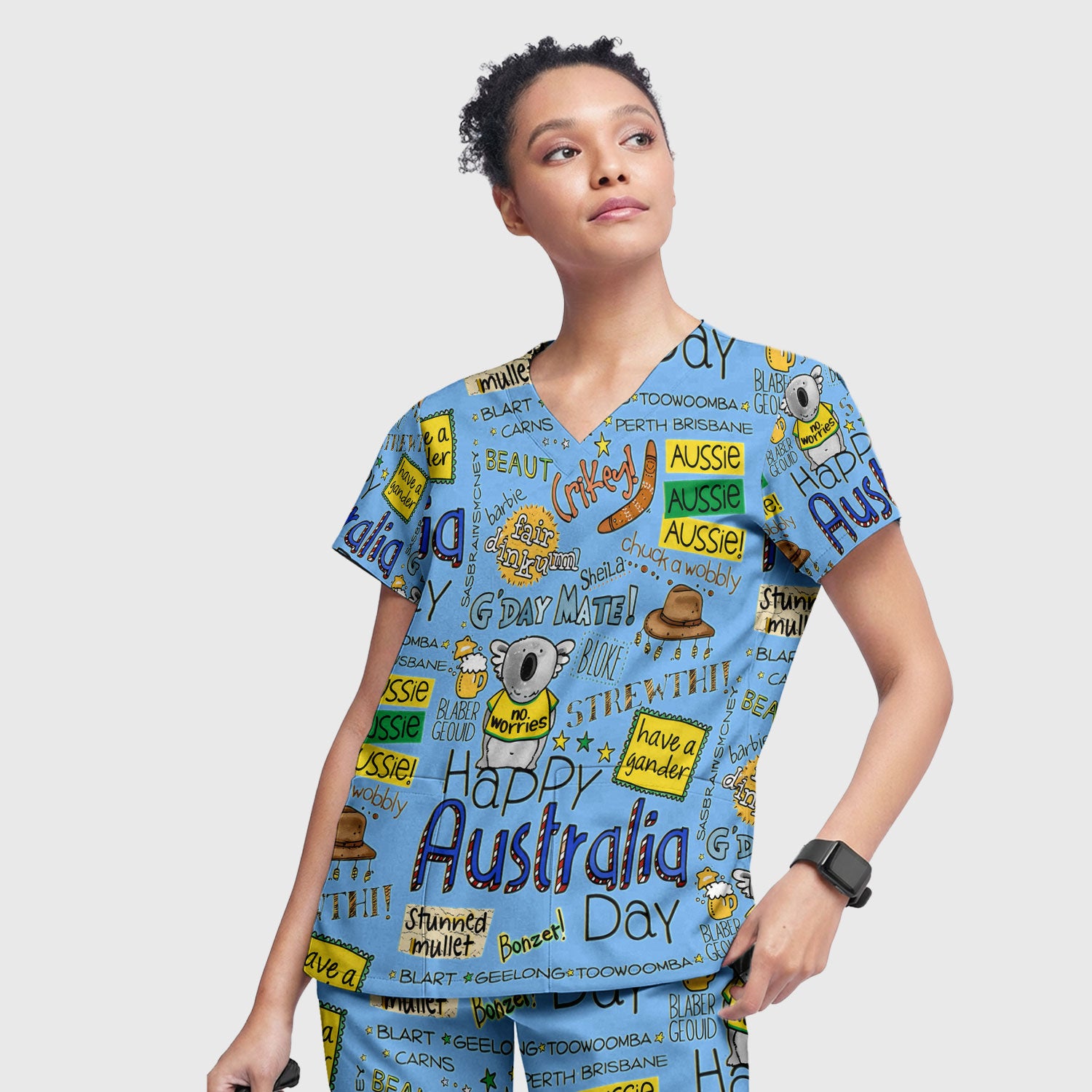 Cute Cartoon Koala Australia Pattern Medical Scrub Set, Breathable Med Uniform