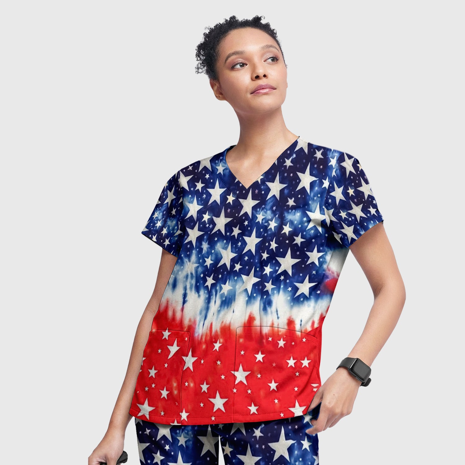 Patriotic Stars Tie Dye Pattern Scrub Set, Scrub Pants and V Neck Top
