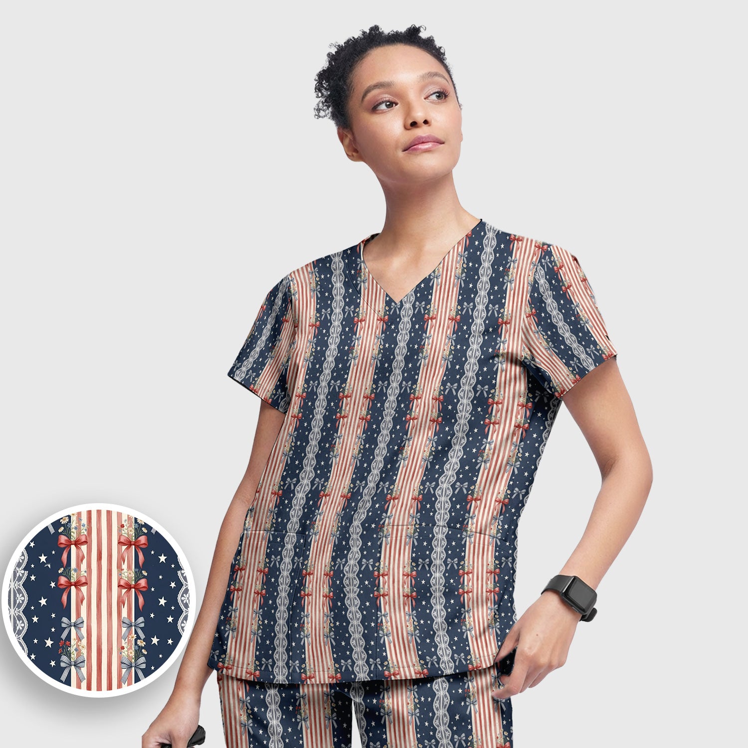 Patriotic Bow Lace Stripe Pattern Scrub Set, Scrub Pants and V Neck Top