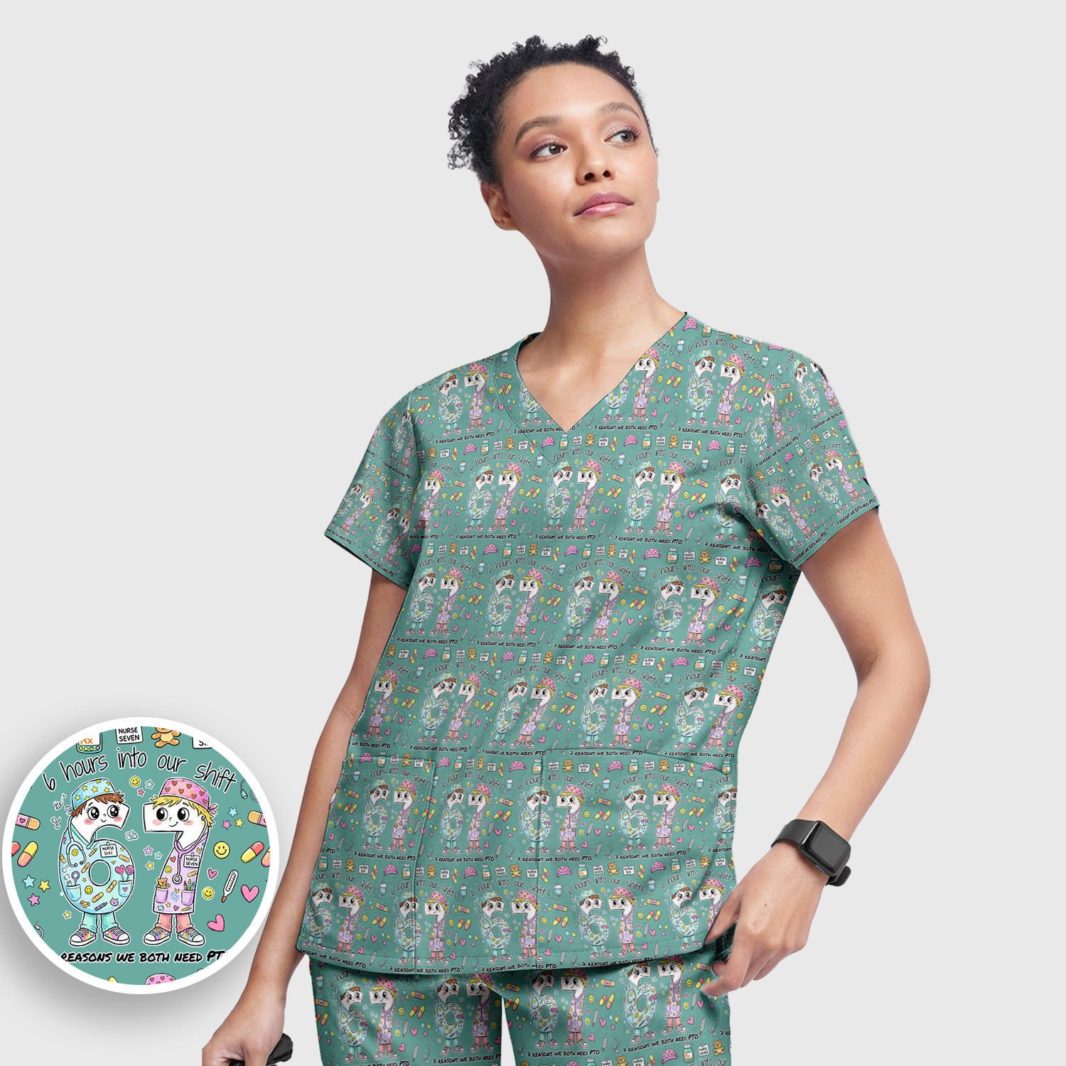 Cartoon Characters Six Hours Into Shift With Medical Doodle Scrub Set, Breathable Med Uniform