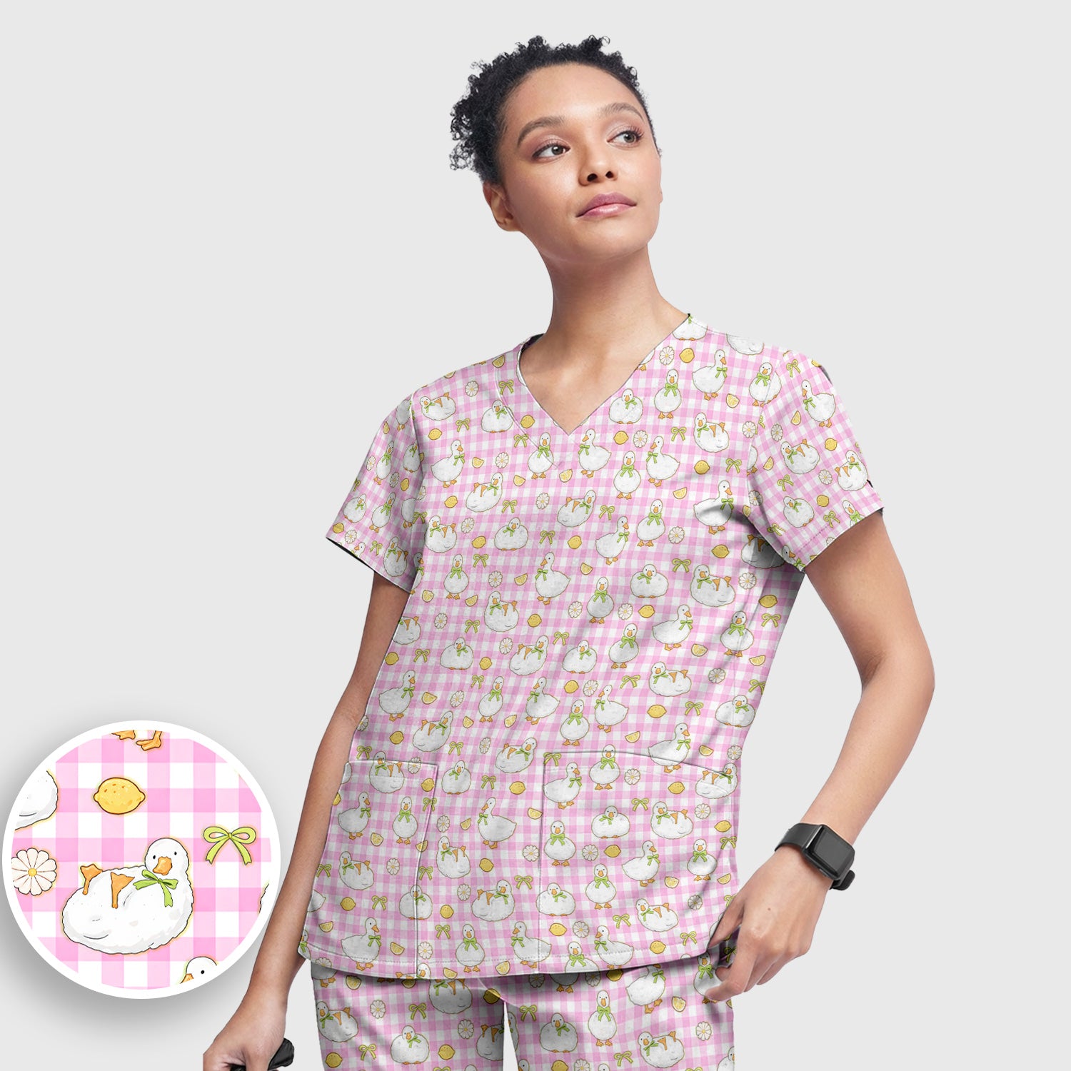 Adorable Ducks Lemon Daisy Pattern Scrubs Sets, Scrub Pants and V Neck Top