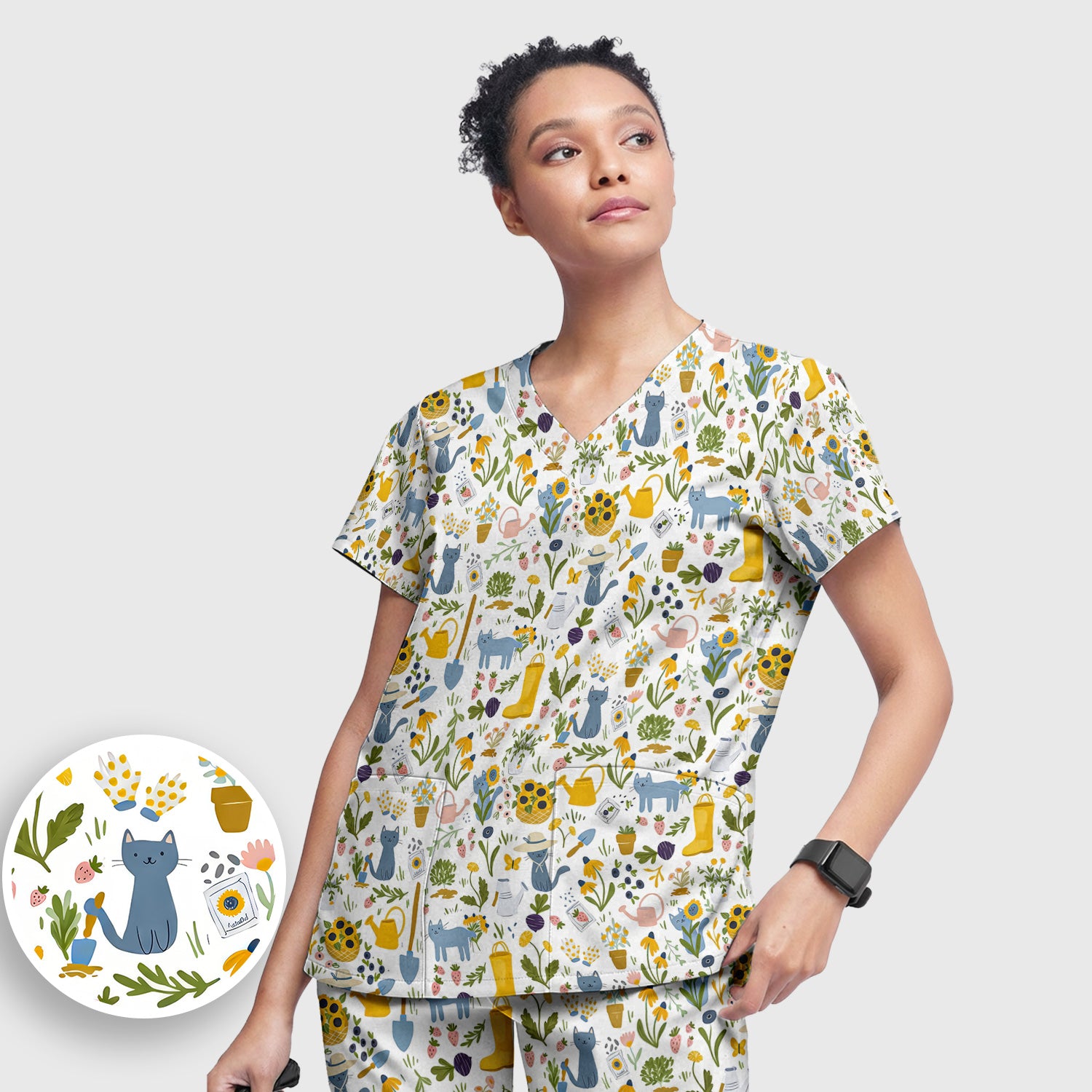 Cat Gardening Wildflower Tools Pattern Scrub Set, Scrub Pants and V Neck Top
