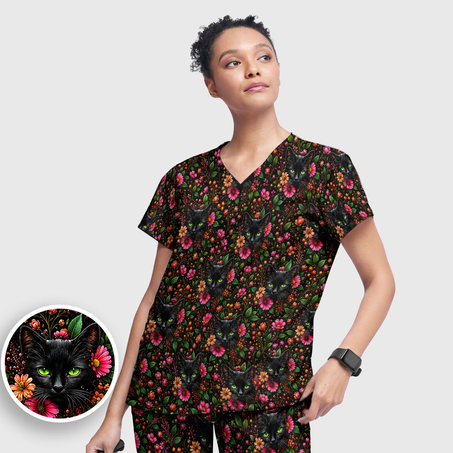 Adorable Black Cat Blossom Pattern Scrub Set, Scrub Pants and V Neck Top