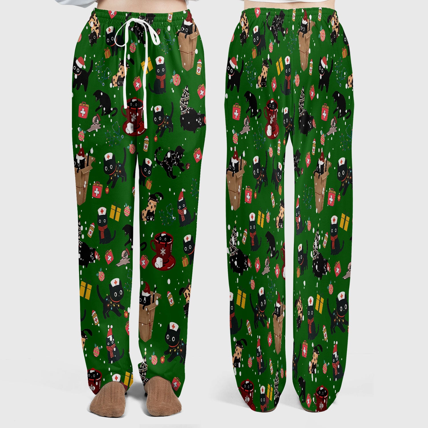 Christmas Cat Scrub Set for Nurse - Funny Black Cats Scrubs Pants and V Neck Top - Cute Holiday Medical Uniform for Women