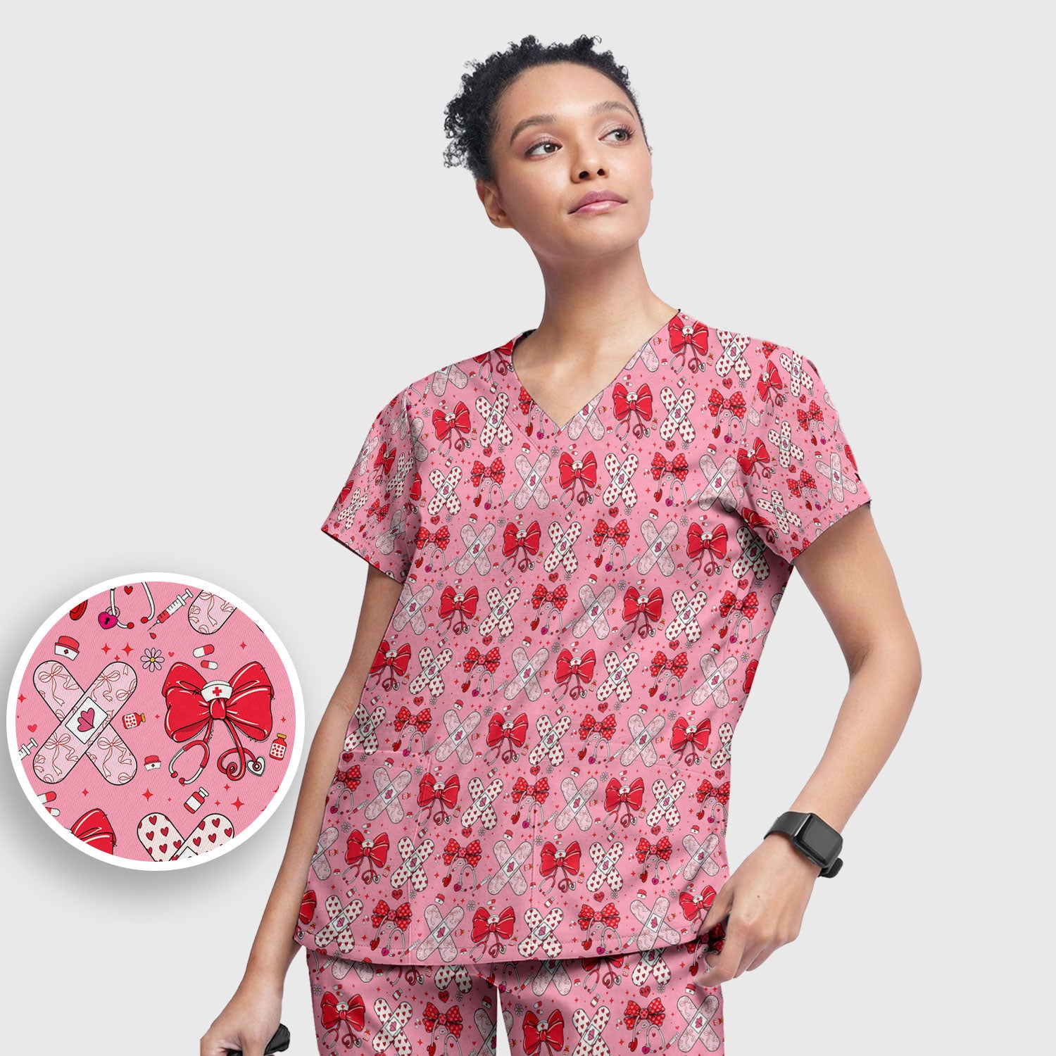 Valentine Nurse Scrub Set, Red Bow And Heart Bandage Pattern Medical Shirt, Breathable Fabrics Nursing Uniform