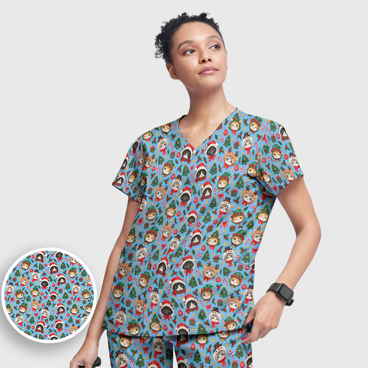 Christmas Cats And Trees Pattern Scrub Set, Scrub Pants and V Neck Top
