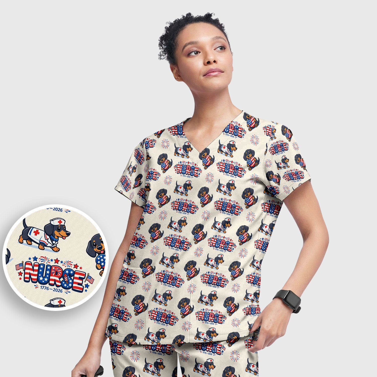 Proud Nurse Patriotic Dachshund Medical Firework Pattern Scrub Set, Nurse Uniform Scrubs Set