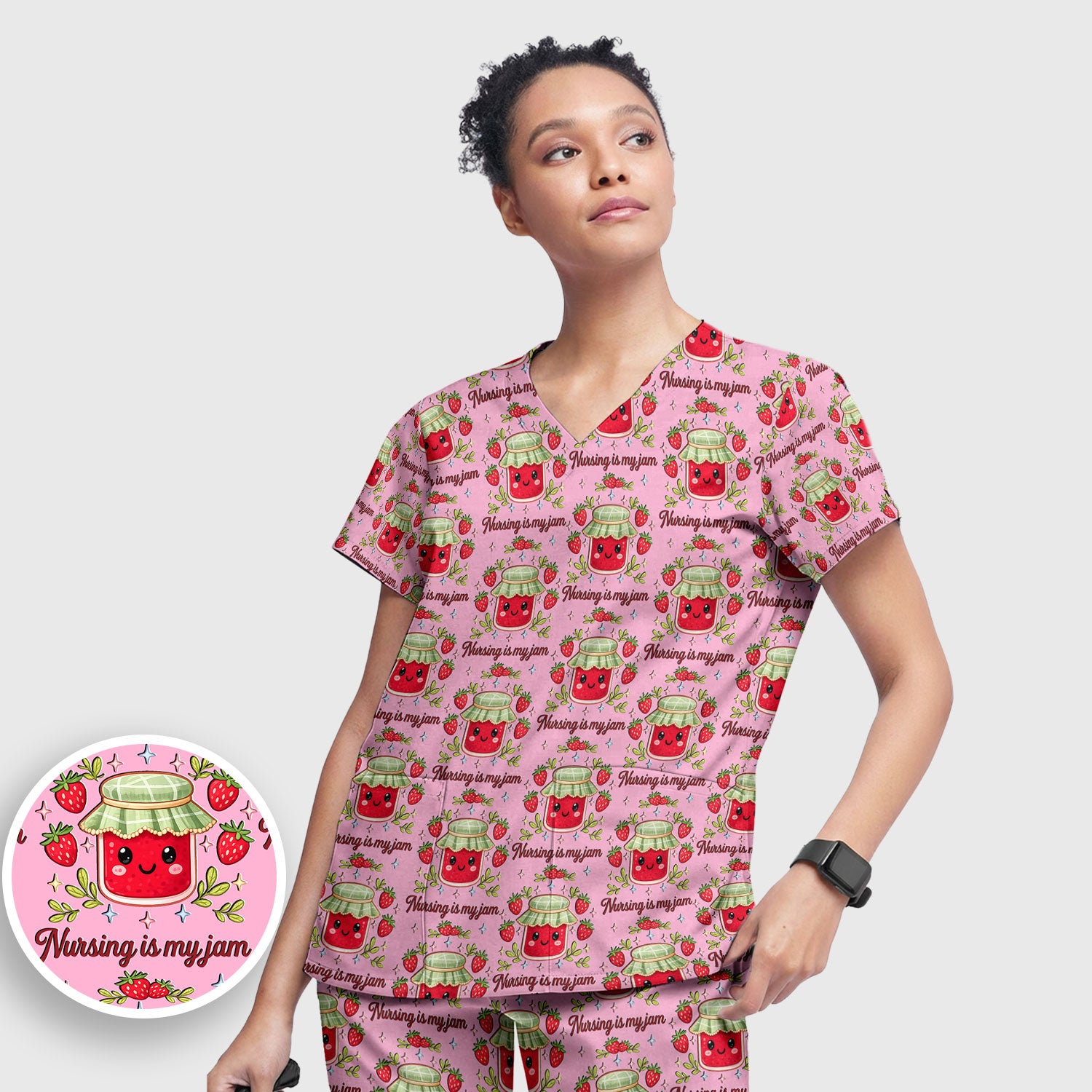 Cute Strawberry Jam Nurse Pattern Scrub Set, Breathable Med Uniform