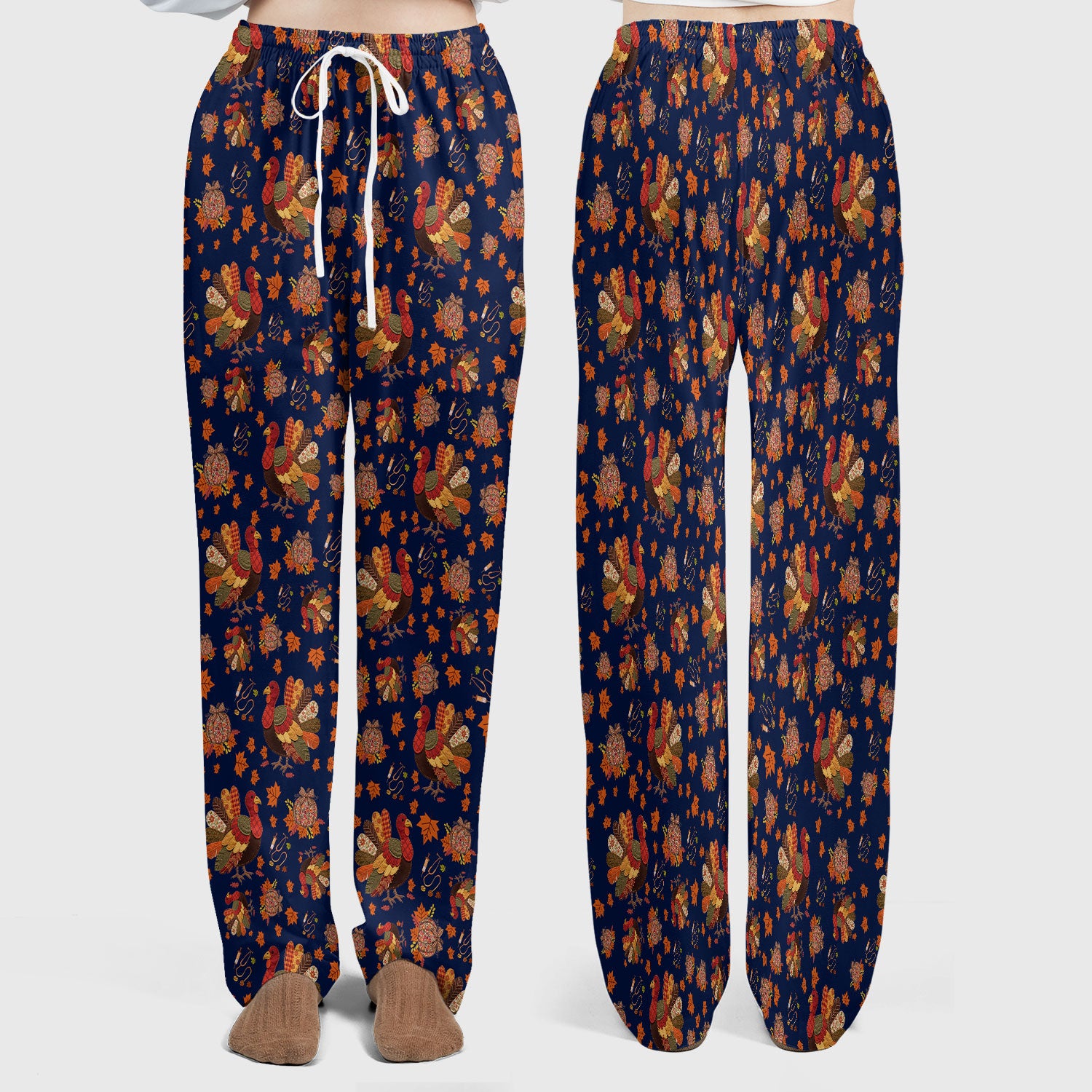 Fall Leaves Thanksgiving Women's Scrub Set - Comfortable Scrub Pants and V Neck Top - Funny Turkey Nursing Uniform