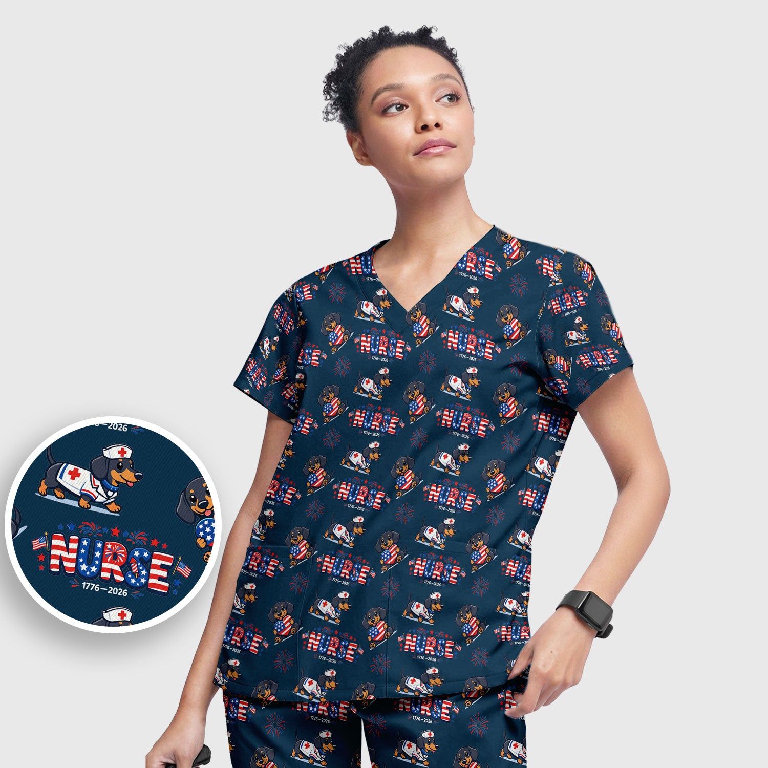 Proud Nurse Patriotic Dachshund Medical Firework Pattern Scrub Set, Nurse Uniform Scrubs Set