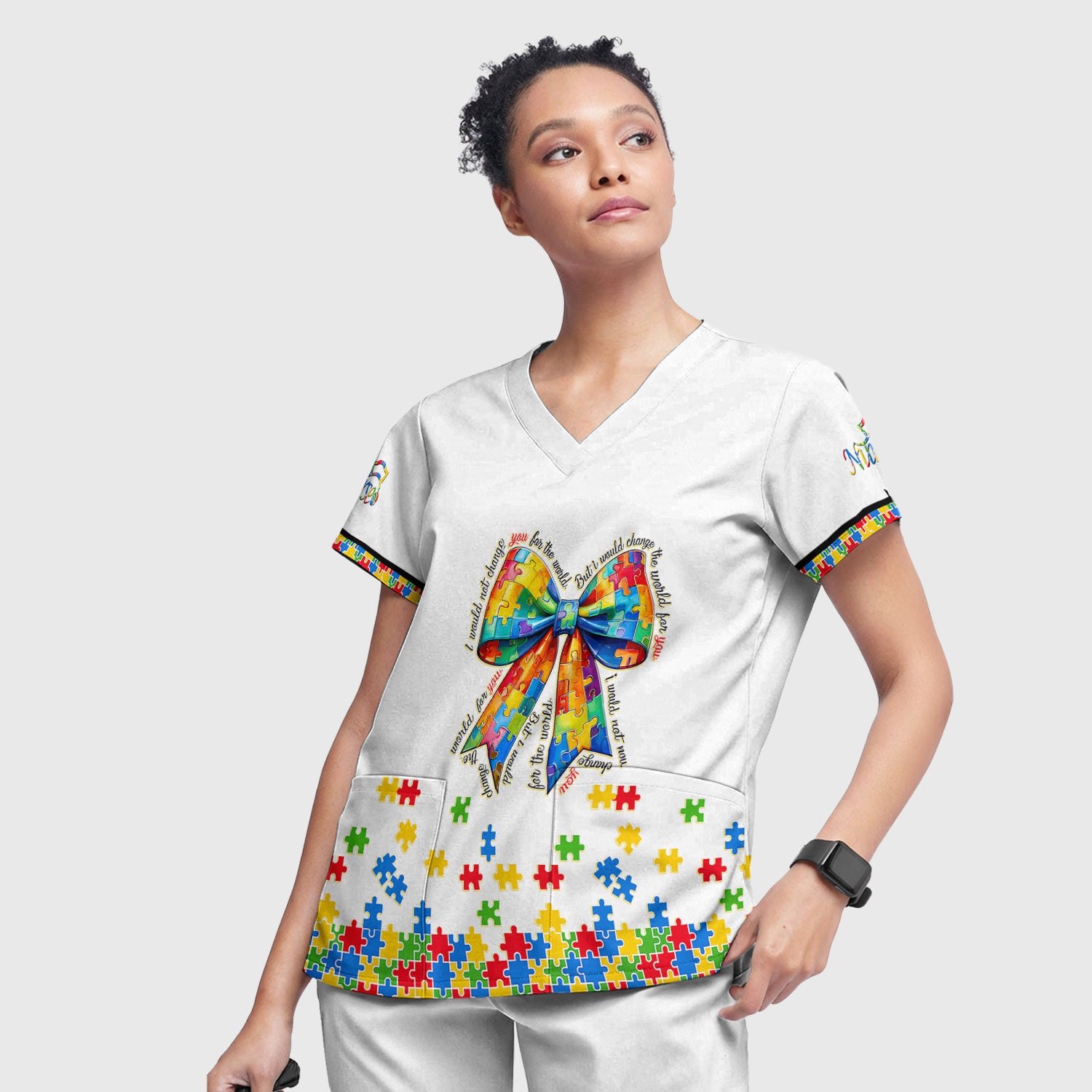 Autism Puzzle Bow Colorful Pieces Print Scrub Set, Breathable Med Uniform