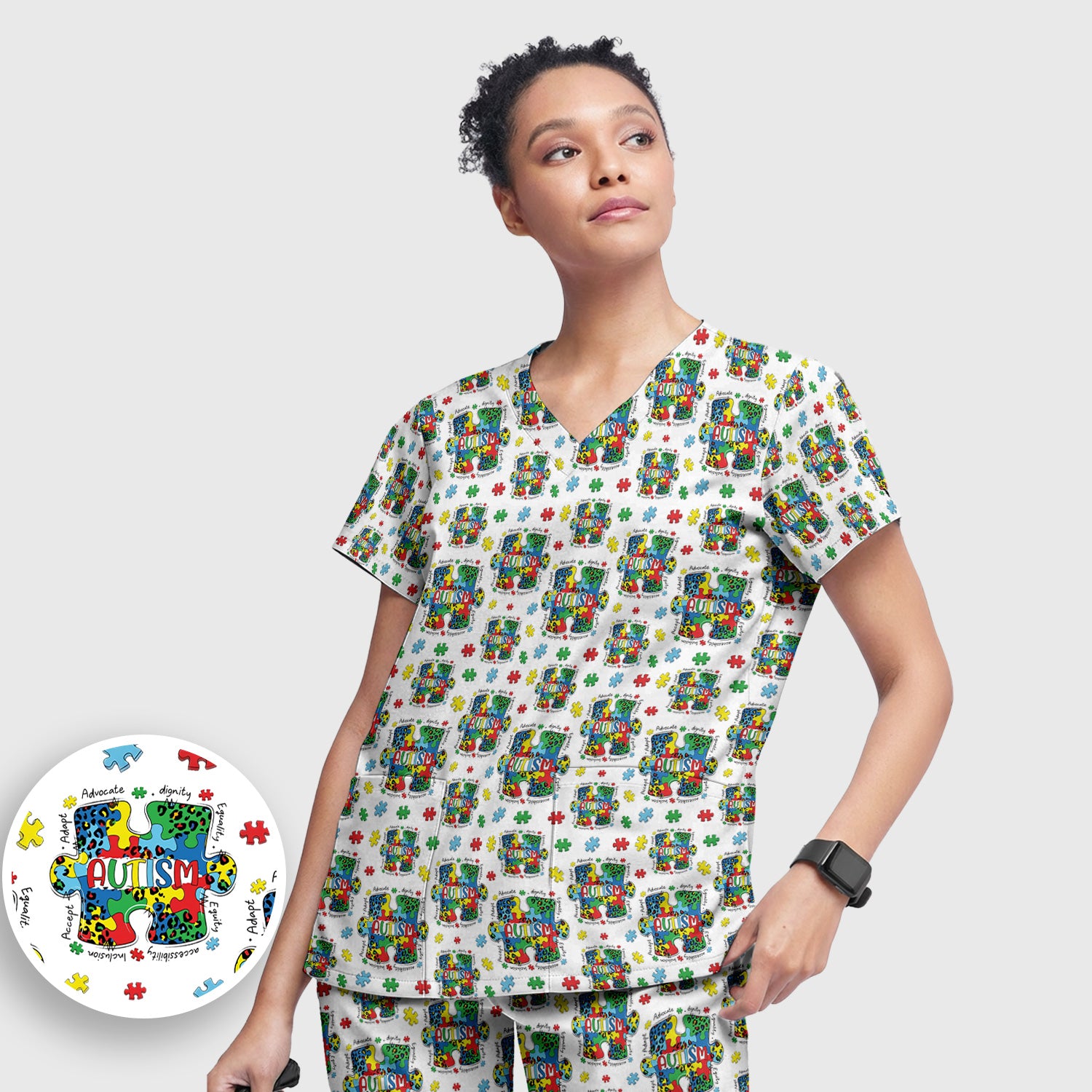 Autism Awareness Puzzle Pattern Scrub Set, Scrub Pants and V Neck Top