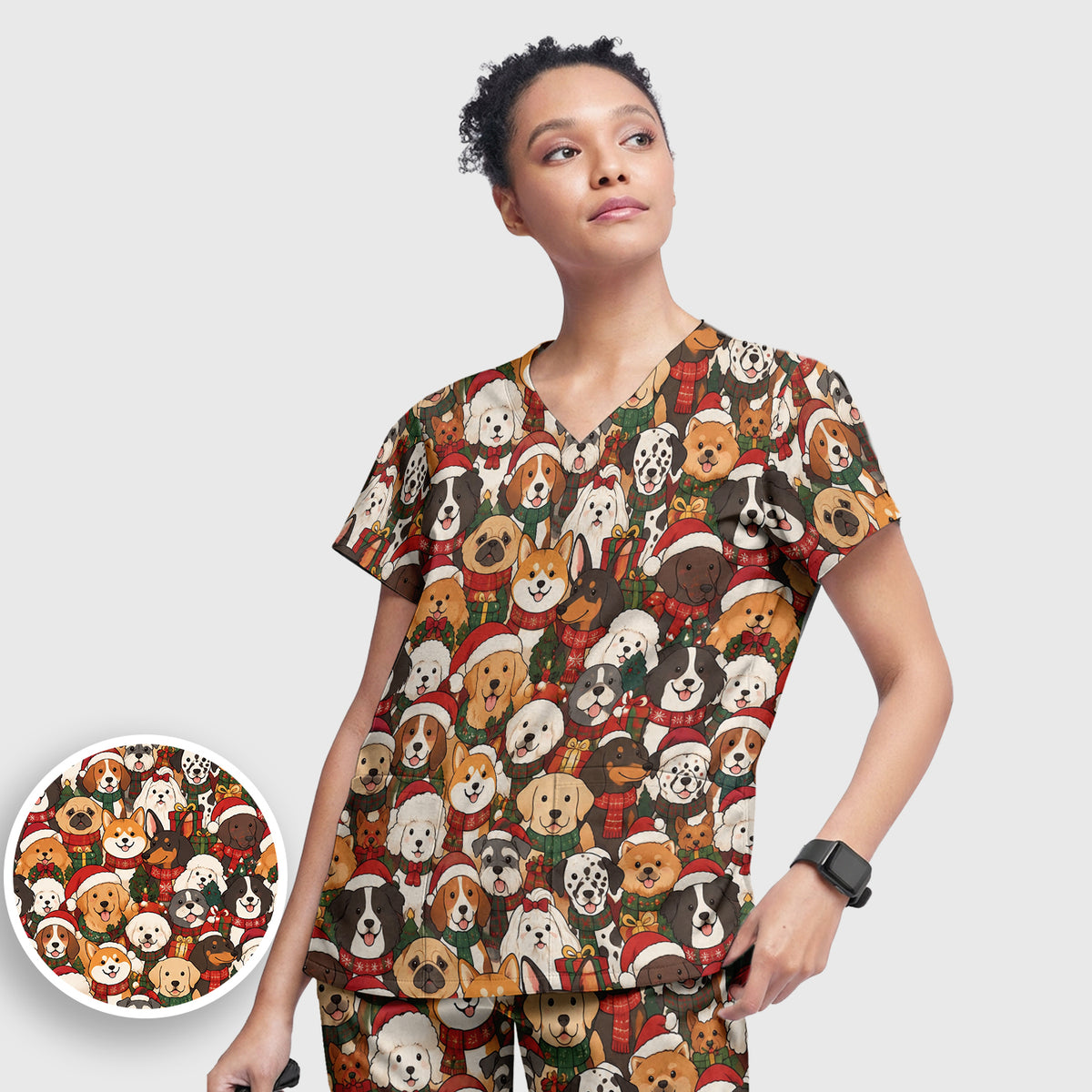 Christmas Dog Breeds Collage Pattern Scrub Set, Scrub Pants and V Neck Top