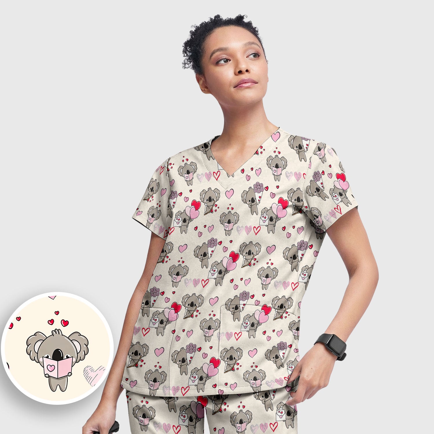 Valentine Koala Holding Flowers Cute Print Scrub, Women's Scrub Sets