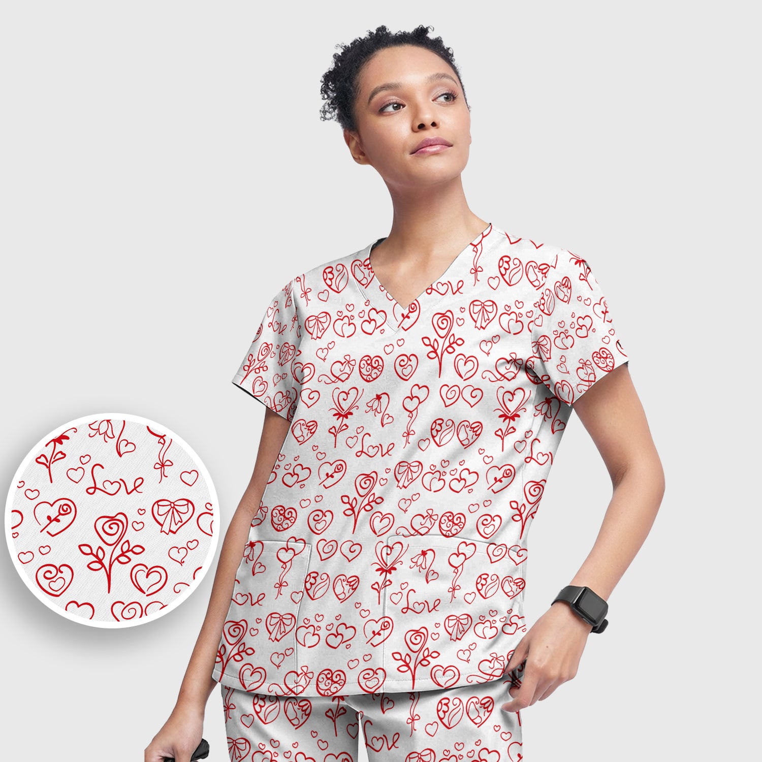 Cute Valentine Heart Scrub Set, Artistic Heart Pink Love Line Art Pattern Nurse Shirt, Comfortable Scrubs For Nursing