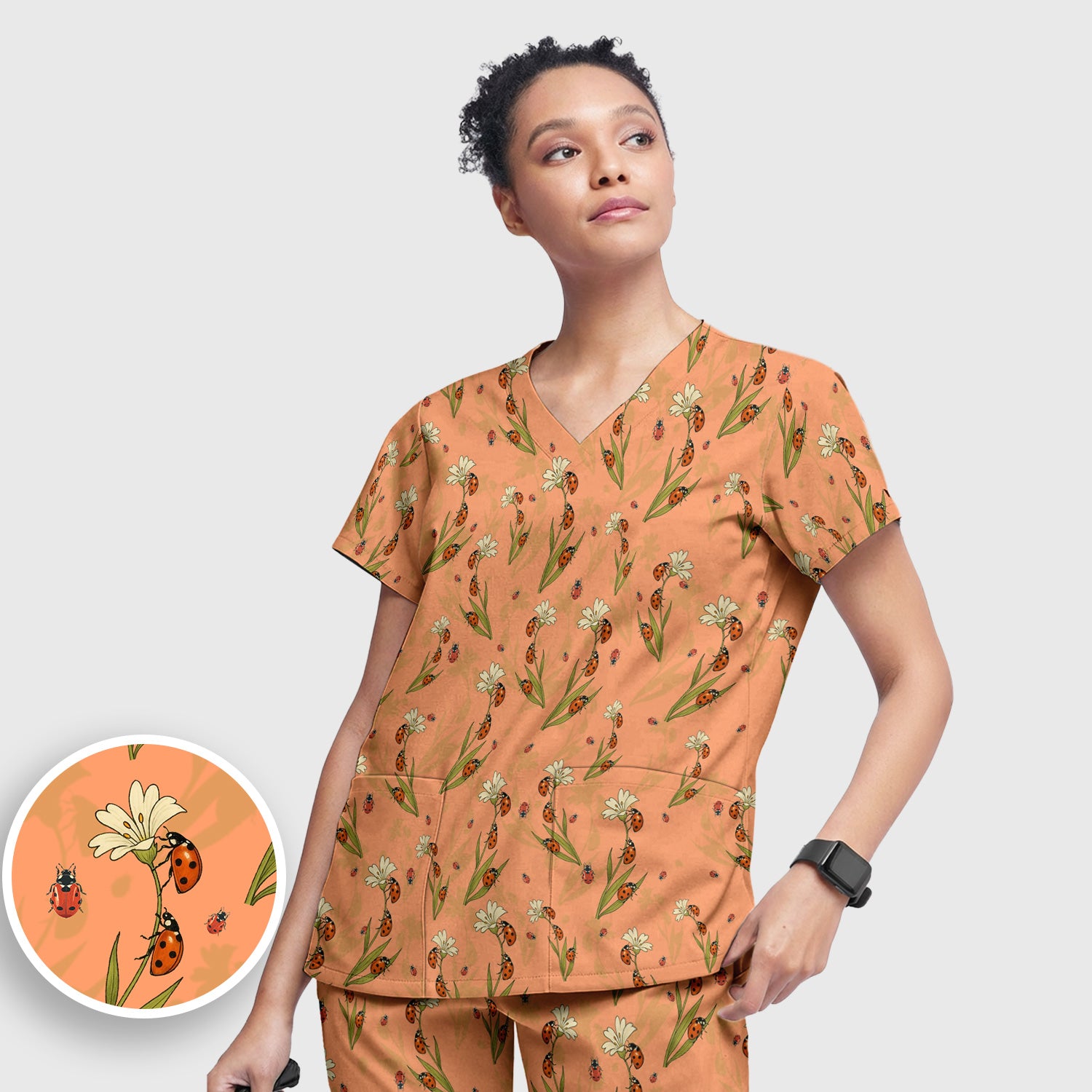 Fresh Daisy Ladybug Garden Pattern Scrub Set, Nurse Uniform Scrubs Set