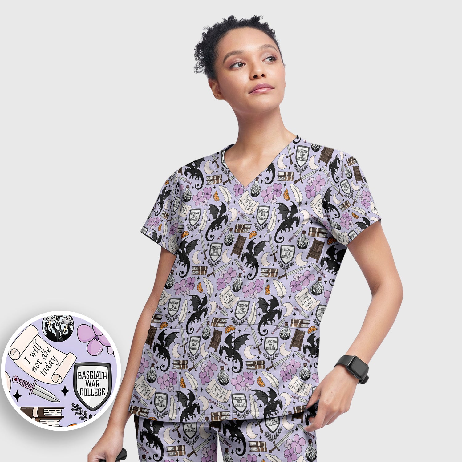 Spooky Gothic Fantasy Dragon Pattern Scrub Set, Scrub Pants and V Neck Top