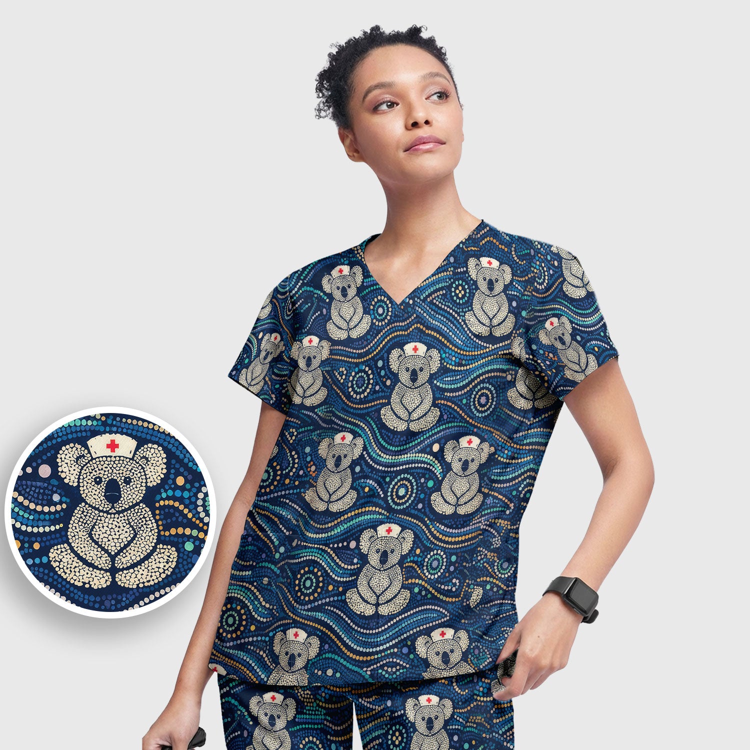 Koala Pattern Nurse Scrub Set, Aboriginal Dot Art Medical Shirt For Women, Breathable Fabrics Nursing Uniform