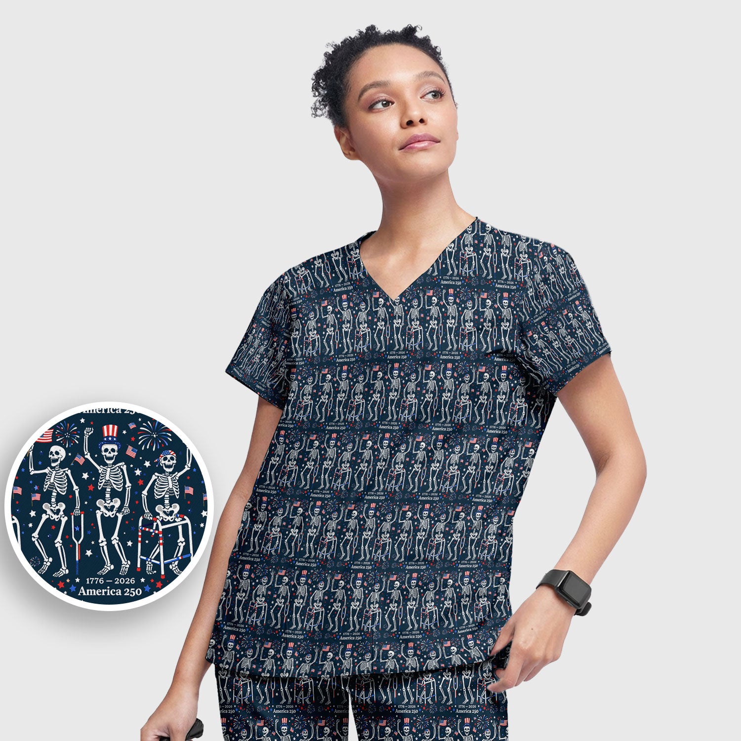 Festive Patriotic Skeleton America 250 Pattern Scrub Set, Scrub Pants and V Neck Top
