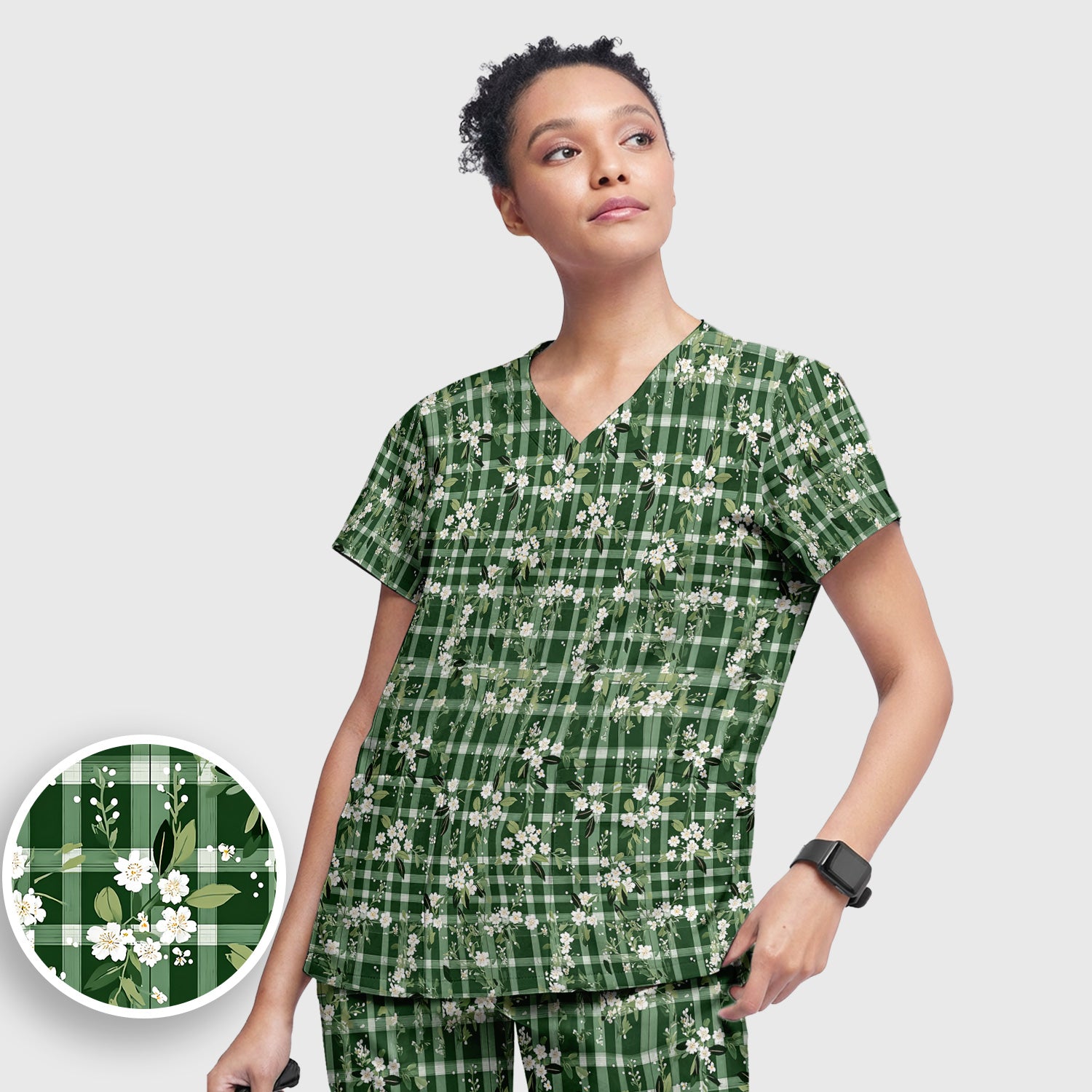 Cute Green Gingham Floral Print Scrub Set, Women's Scrub Sets
