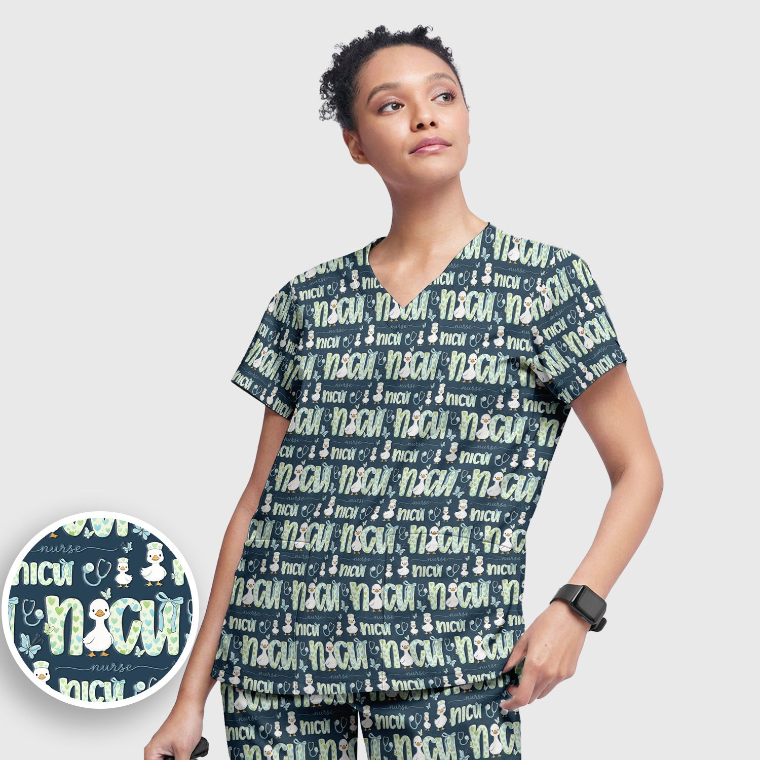 NICU Nurse Duck Pattern Scrub Set, Scrub Pants and V Neck Top