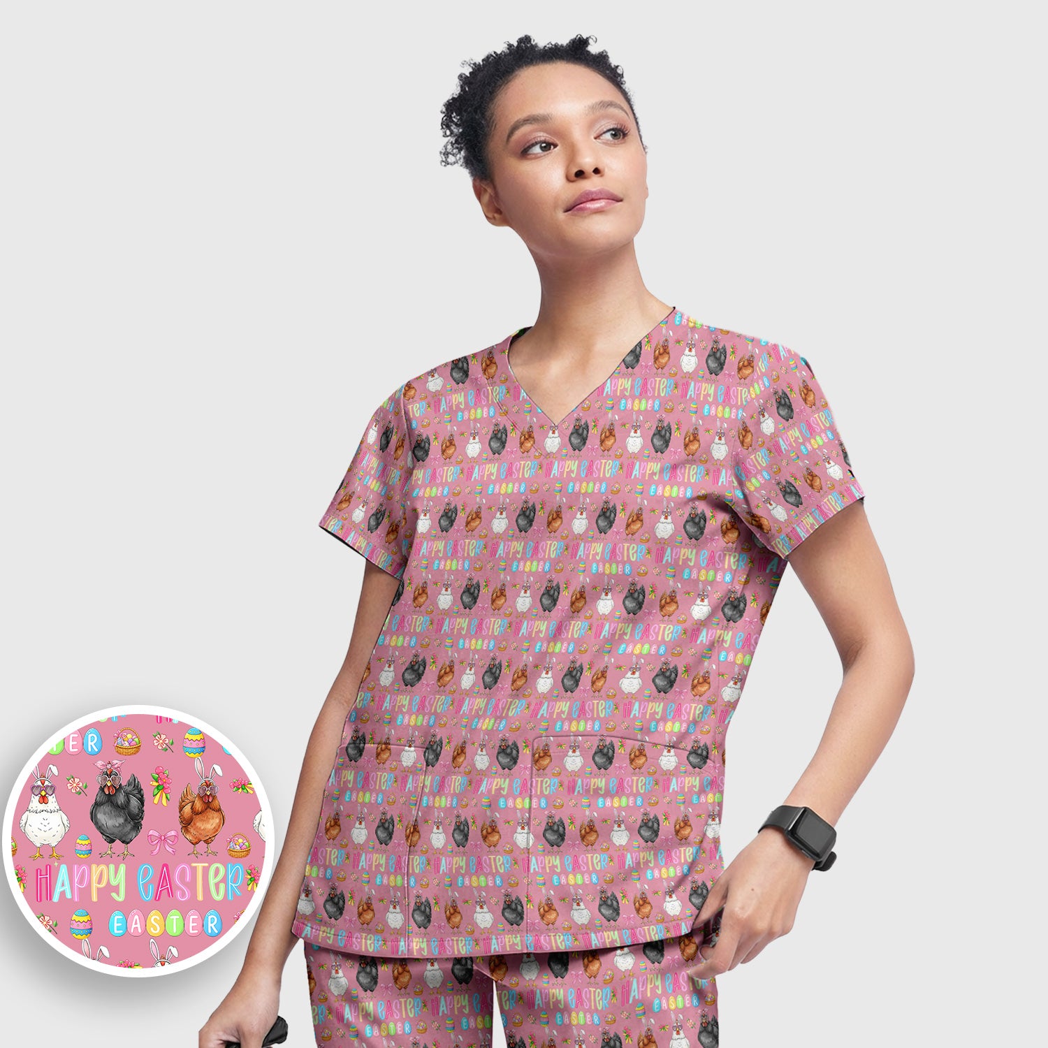 Happy Easter Bunny Eggs Pattern Scrub Sets, Scrub Pants and V Neck Top