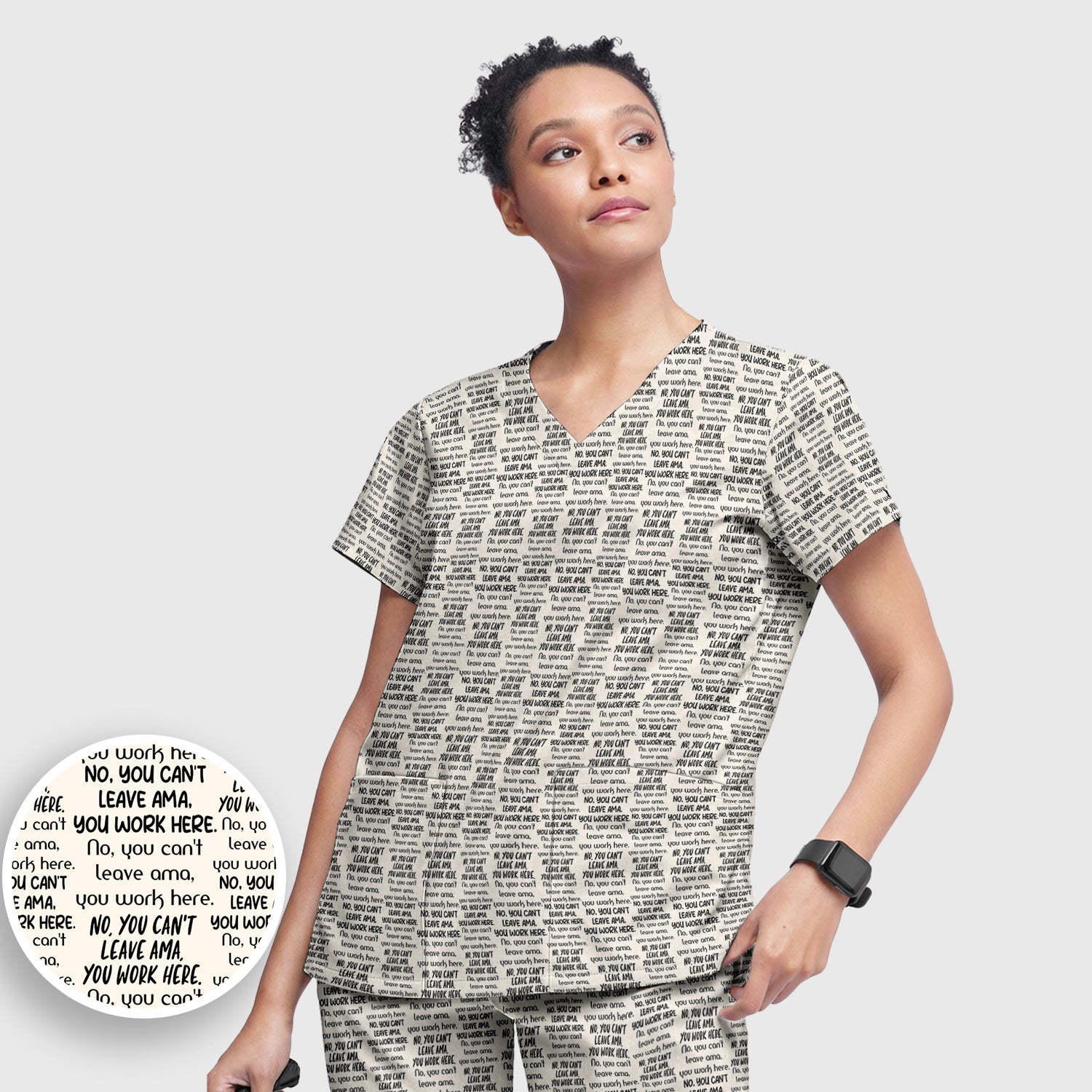 Funny Repeating Nurse Work Quote Text Pattern Scrub Set, Scrub Pants and V Neck Top