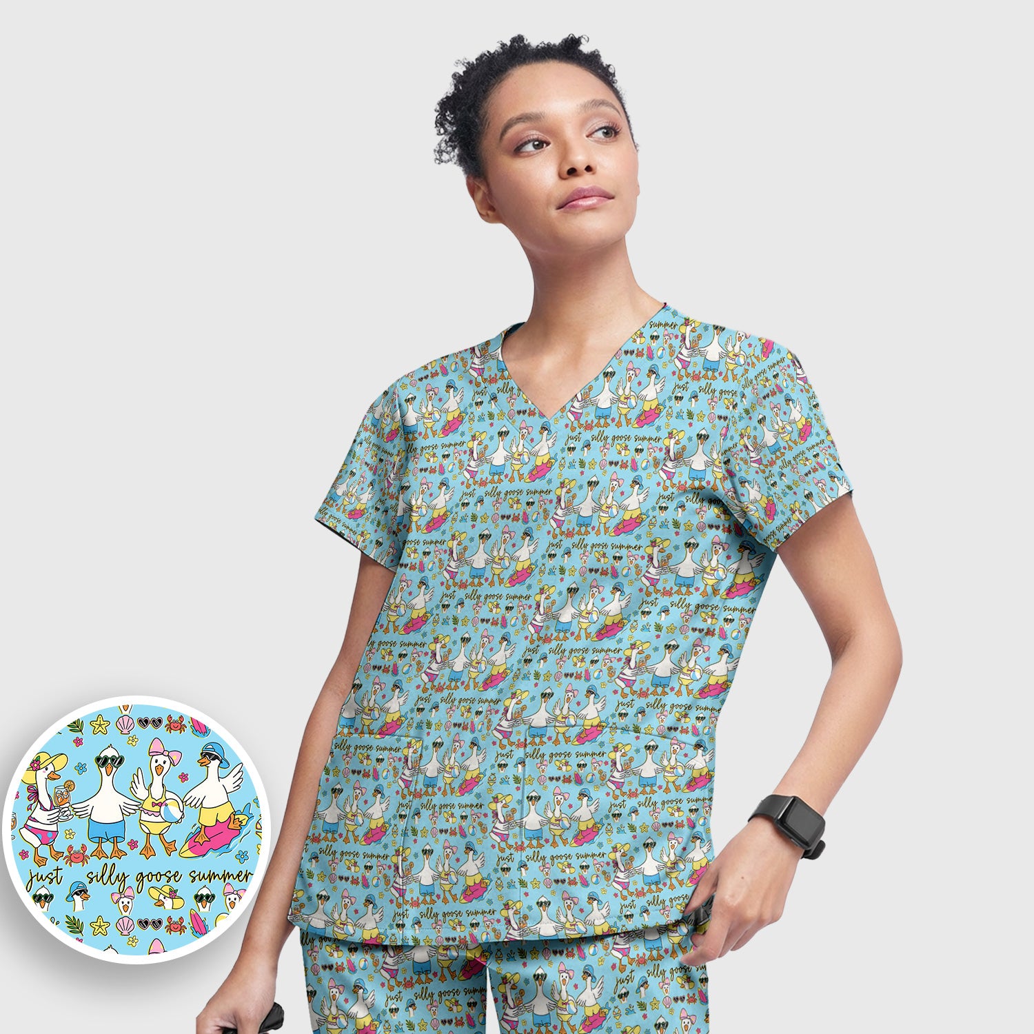 Silly Goose Summer Pattern Scrub Top, Breathable Fabrics Nursing Uniform