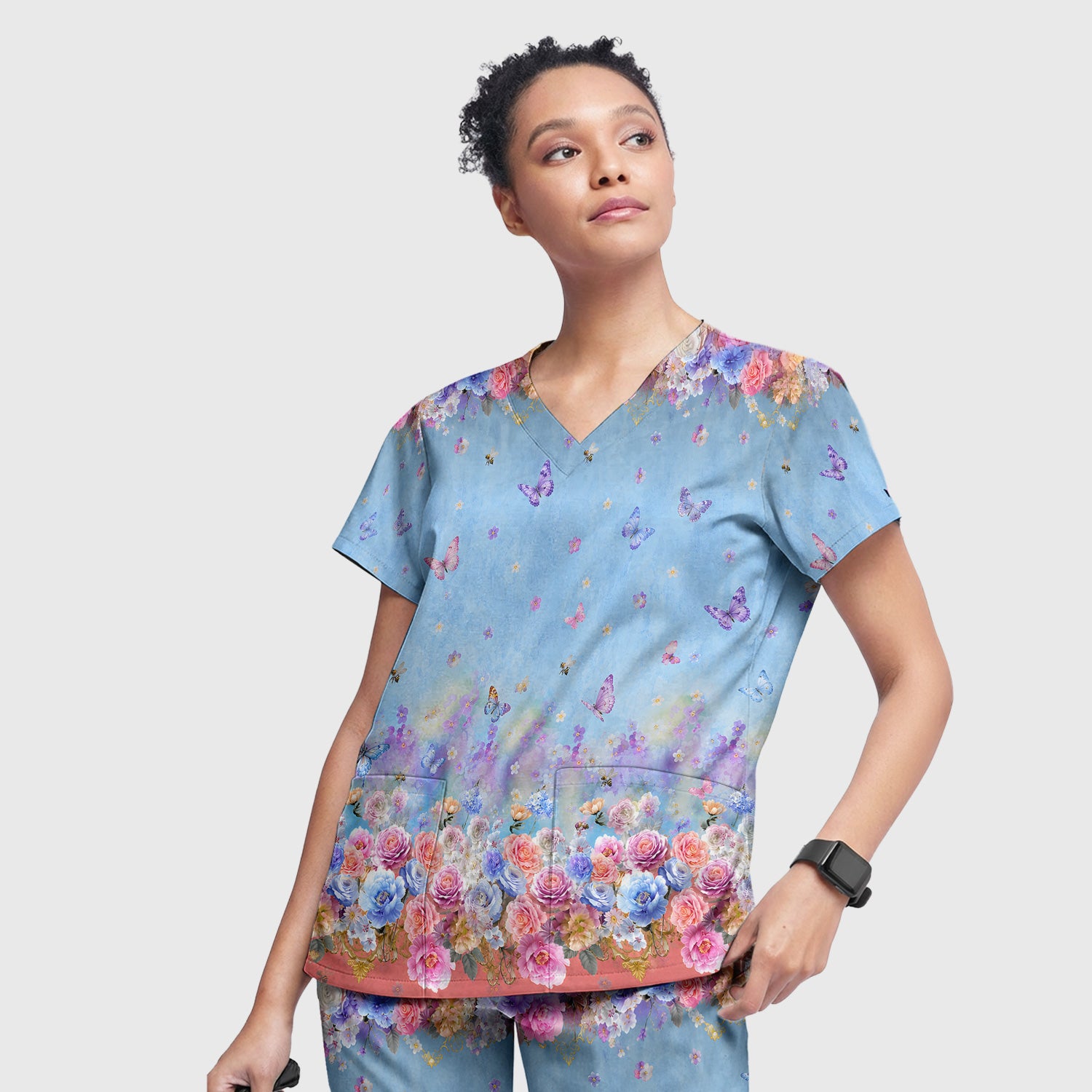 Pastel Flower Garden Print Scrub Set, Scrub Pants and V Neck Top