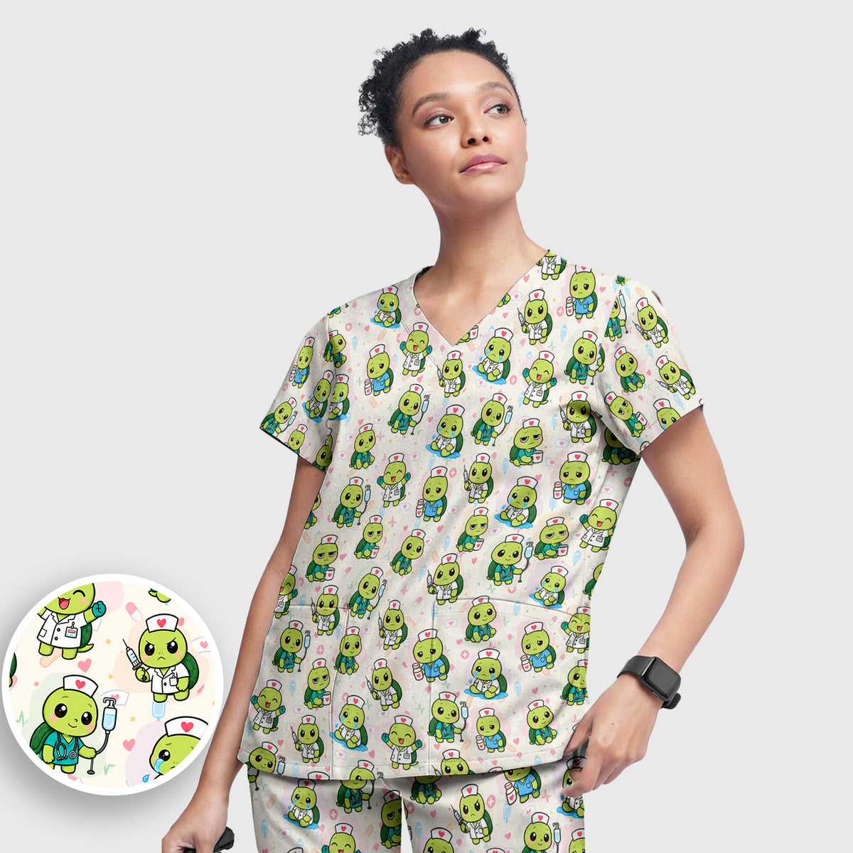 Cute Nurse Turtle Medical Icons Scrub Set, Scrub Pants and V Neck Top