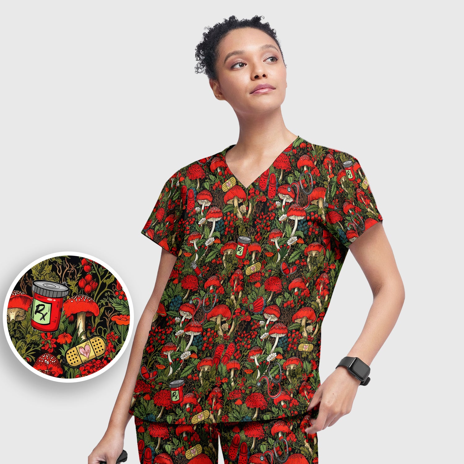 Red Mushroom Medical Forest Pattern Scrub Set, Scrub Pants and V Neck Top