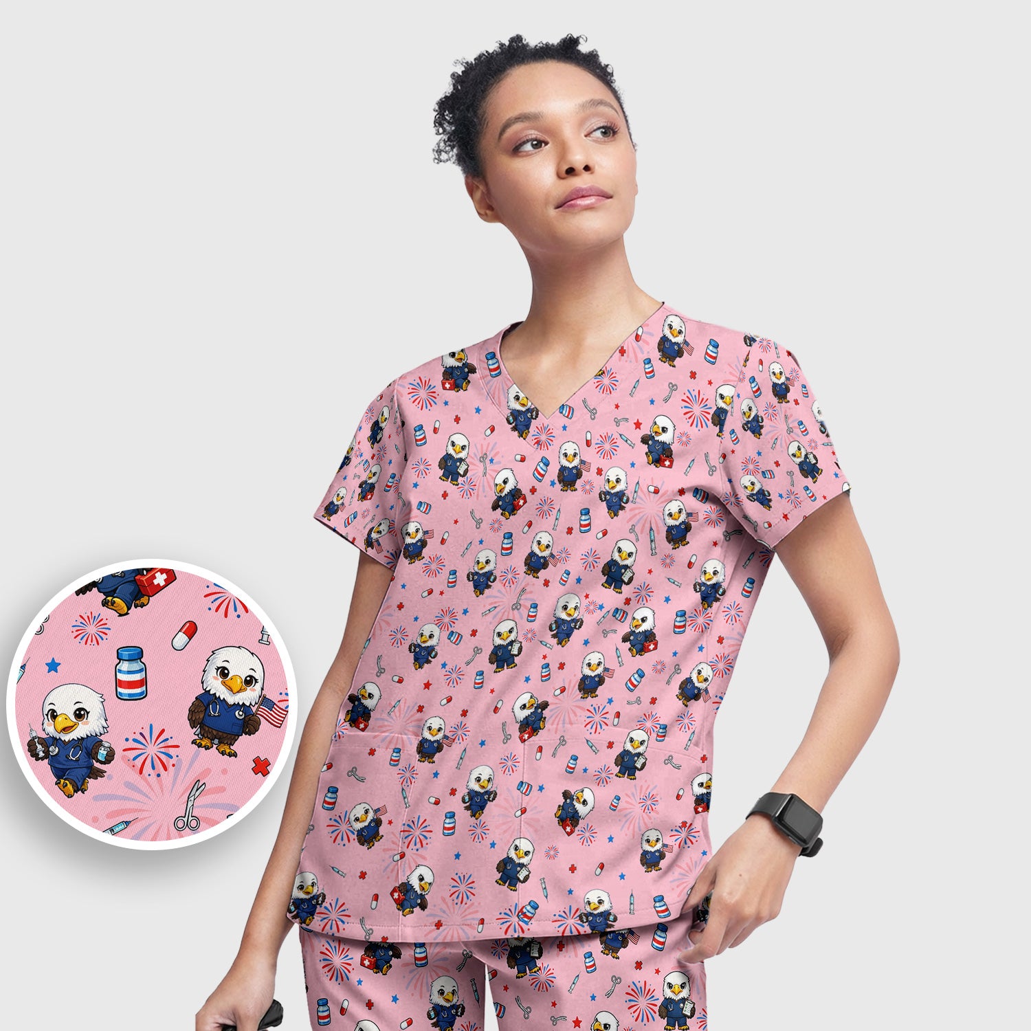 Patriotic Nurse Eagle Fireworks Medical Pattern Scrub Set, Women's Scrub Sets