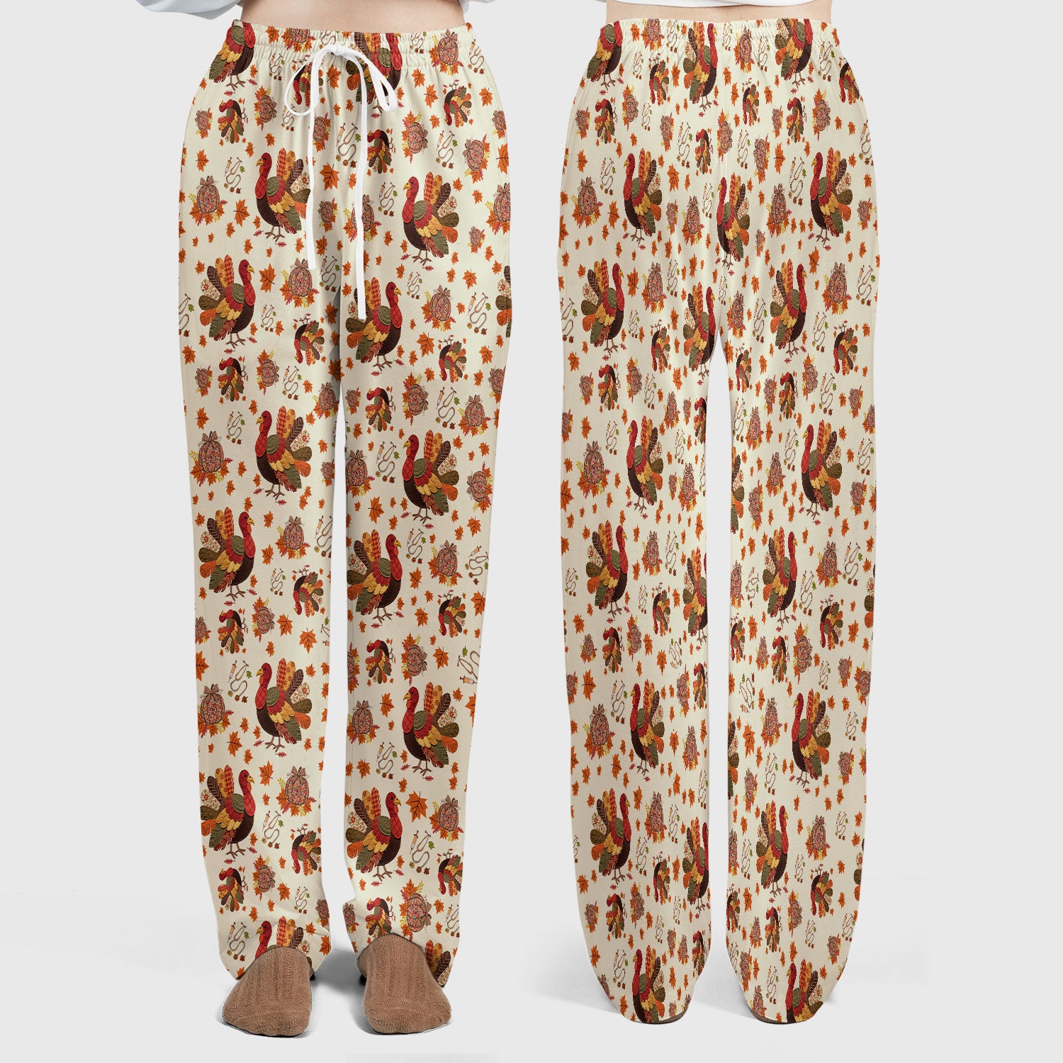 Fall Leaves Thanksgiving Women's Scrub Set - Comfortable Scrub Pants and V Neck Top - Funny Turkey Nursing Uniform
