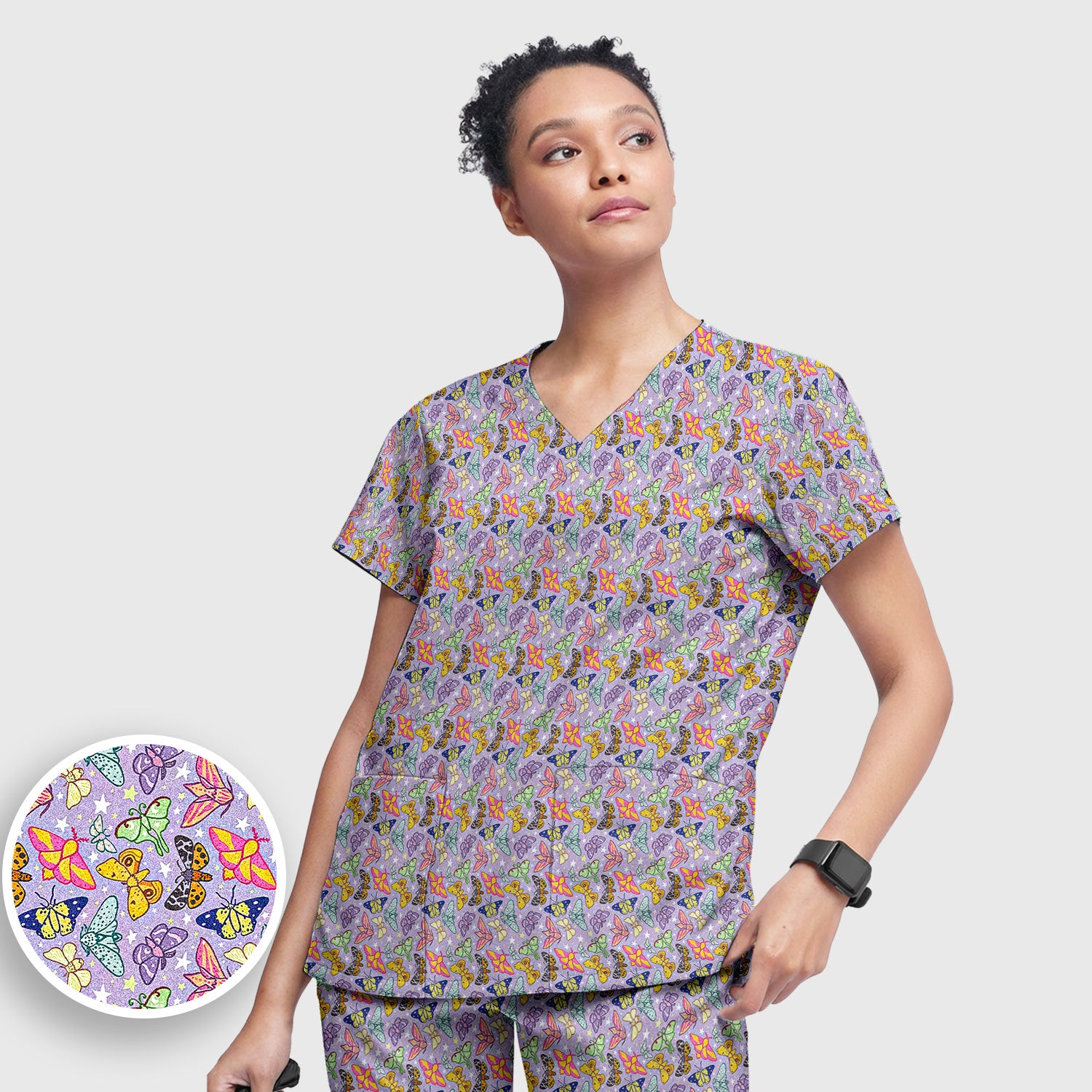 Colorful Butterfly Pattern Scrub Set, Women's Scrub Sets
