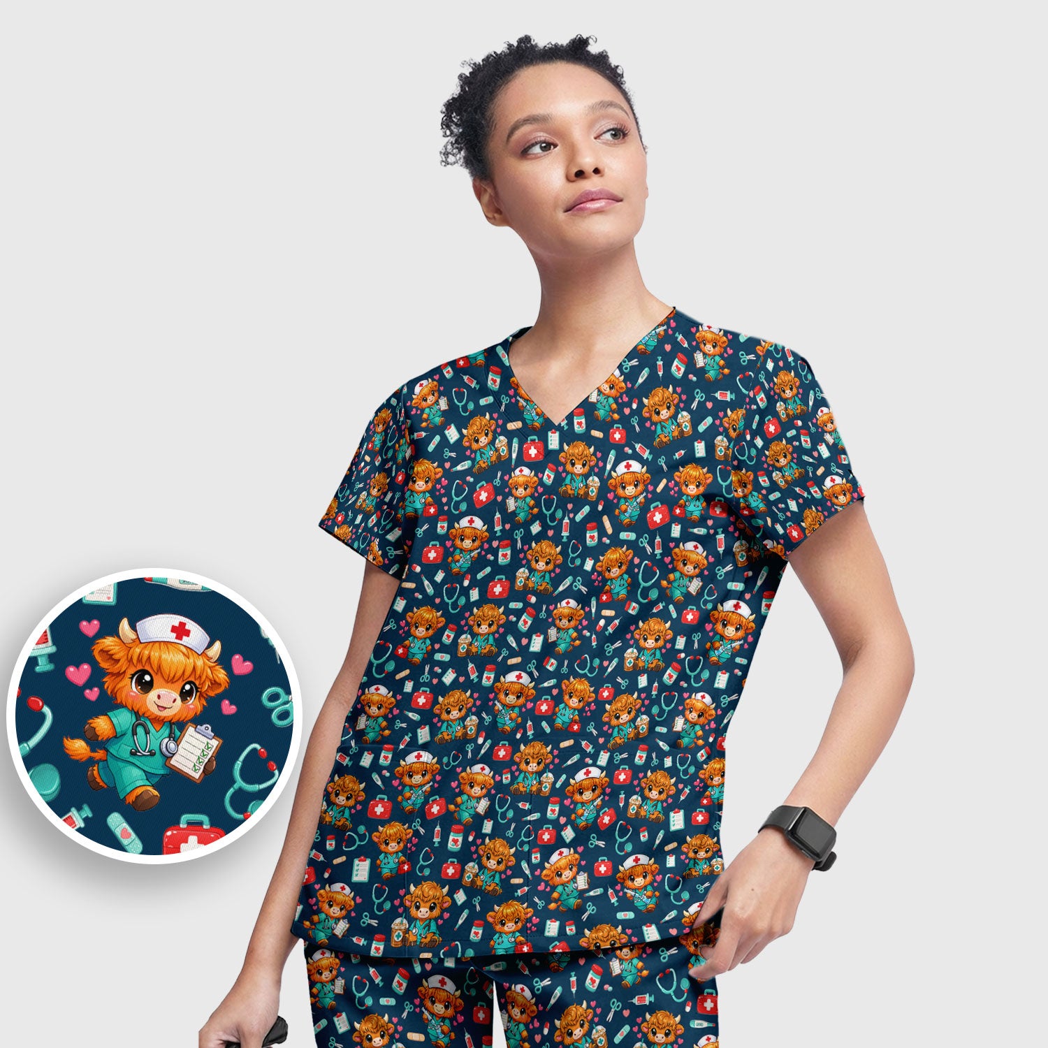Cute Highland Cow Nurse Scrub Set, Kawaii Medical Pattern Shirt, Breathable Fabrics Nursing Uniform