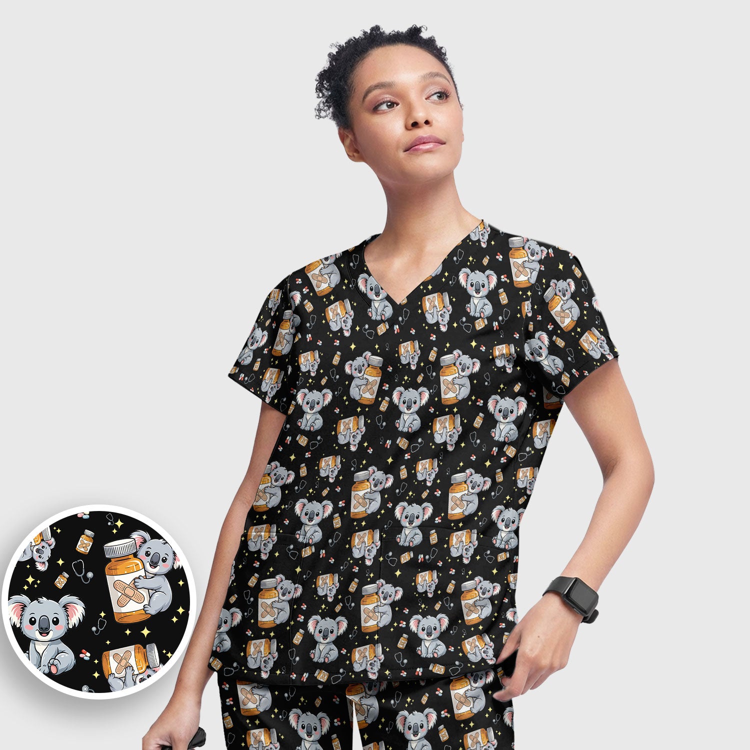 Cute Koala Nurse Bandage Medicine Print Scrub Set, Breathable Med Uniform