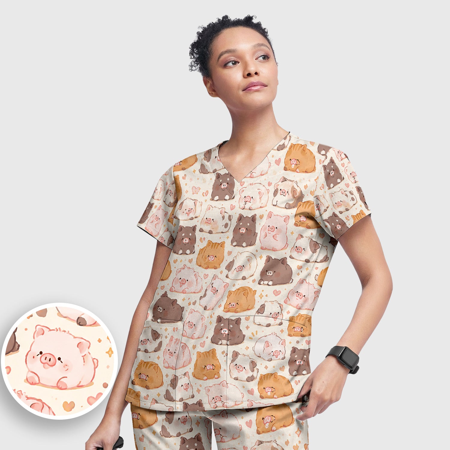 Cute Chubby Pig Nurse Print Scrub Set, Scrub Pants and V Neck Top