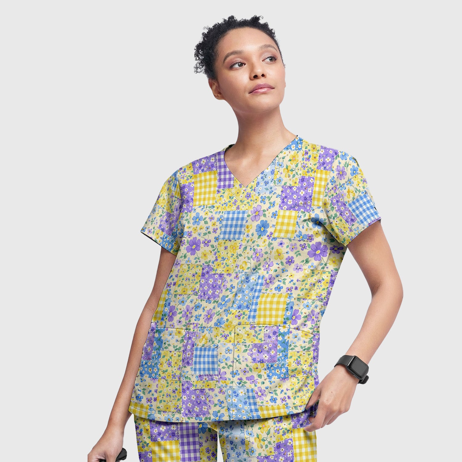 Cute Floral Patchwork Gingham Pattern Scrub Set, Women's Scrub Sets