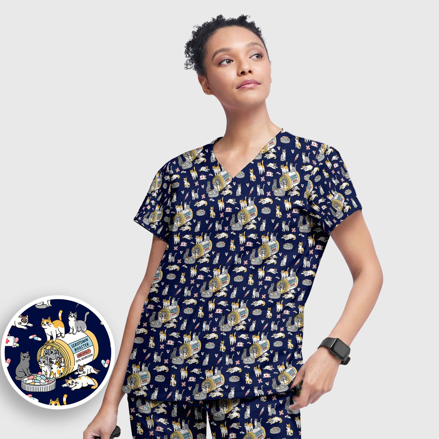 Cute Cat Serotonin Booster Pattern Women's Scrub Set, Breathable Med Uniform