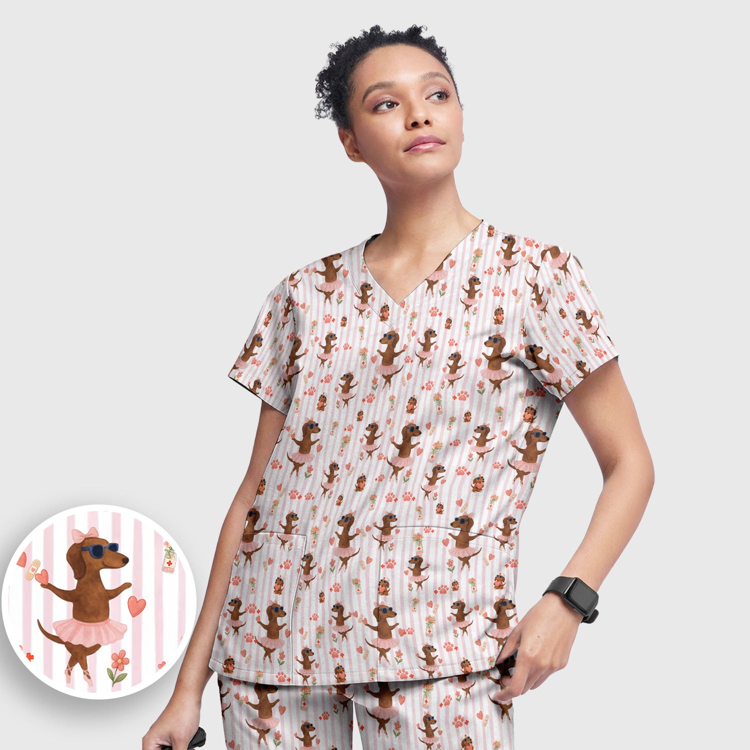 Cute Dachshund Dog Ballet Tutu Hearts Pattern Scrub Set, Scrub Pants and V Neck Top