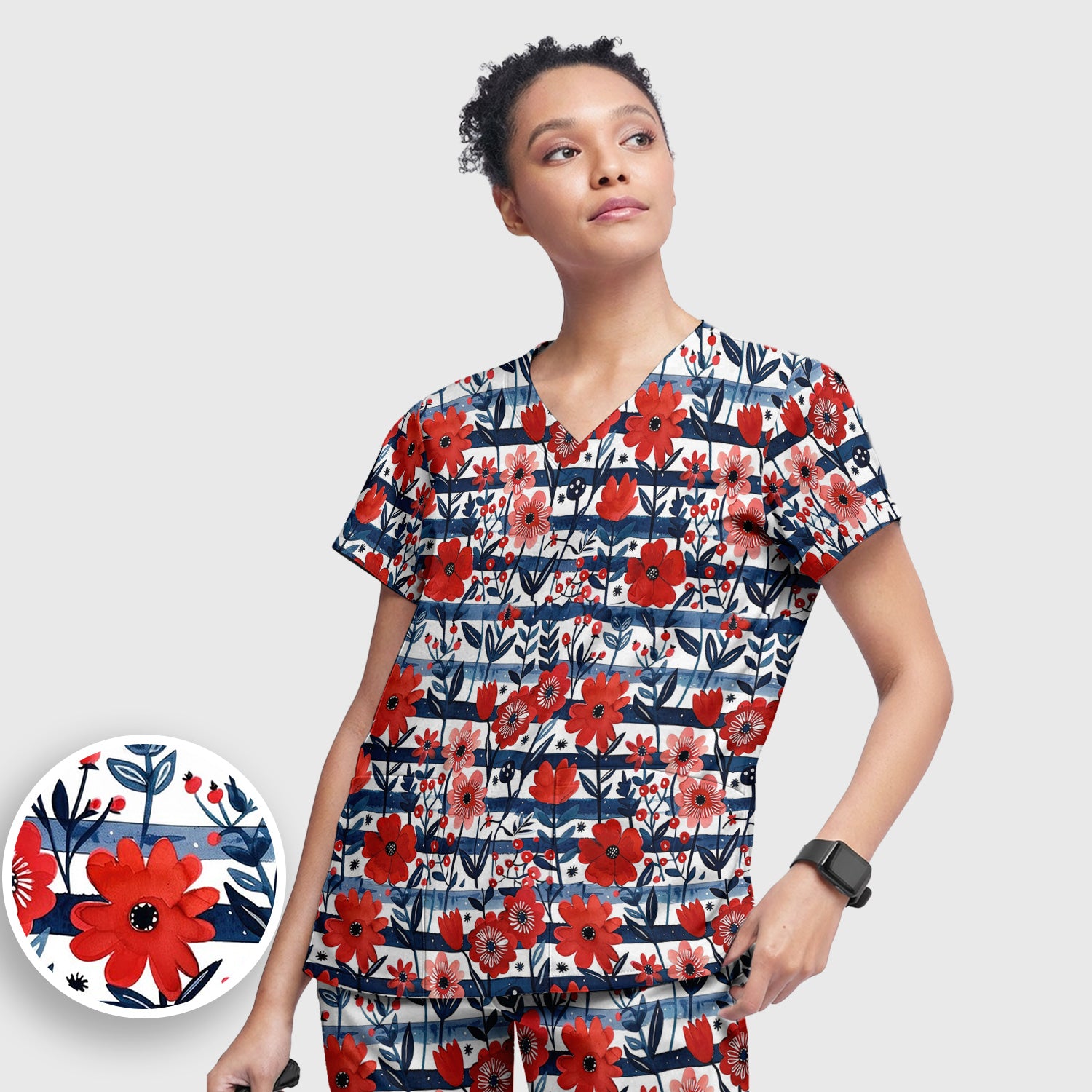 Red Poppy Navy Stripe Pattern Scrub Set, Scrub Pants and V Neck Top
