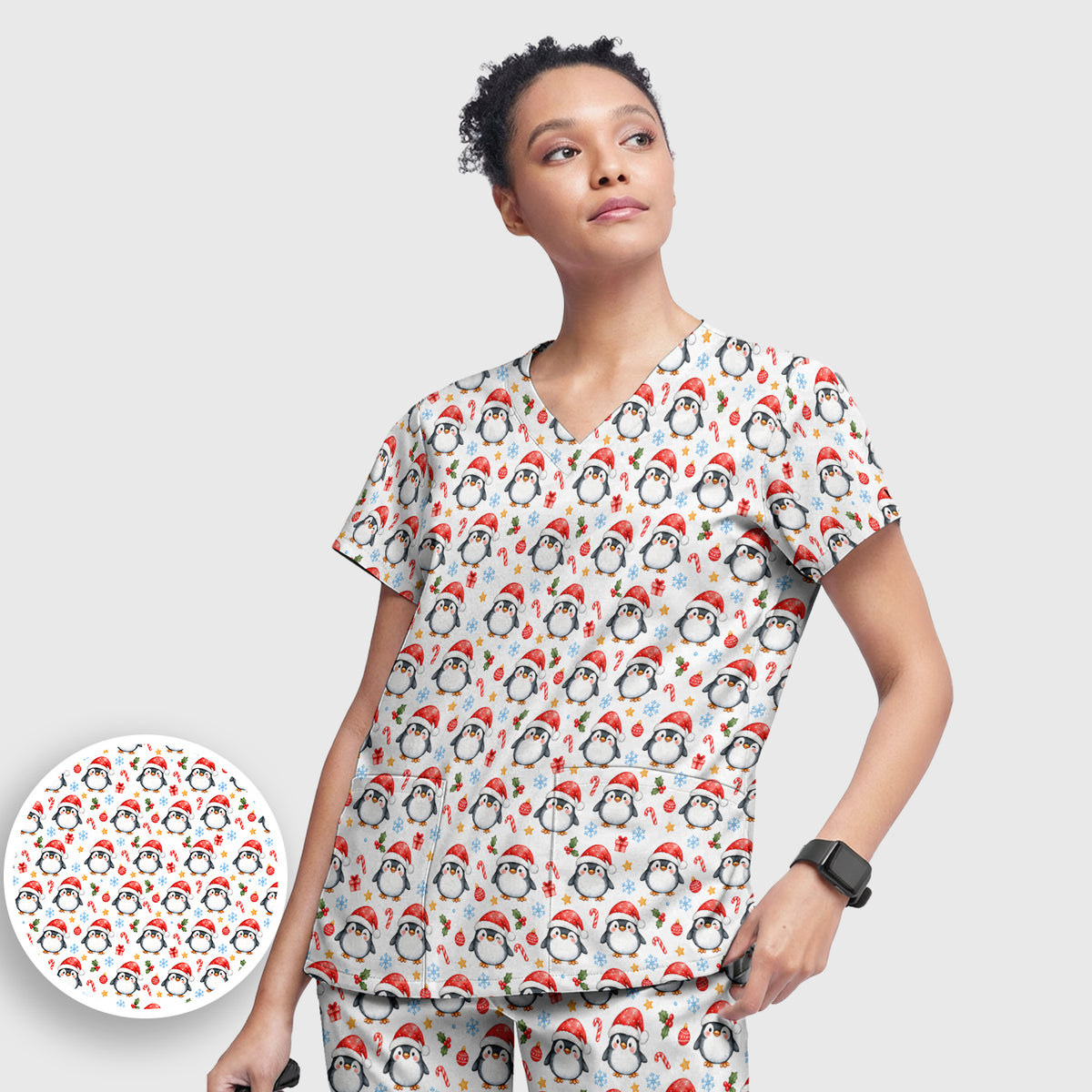 Christmas Penguins In Santa Hats Scrub Set, Scrub Pants and V Neck Top