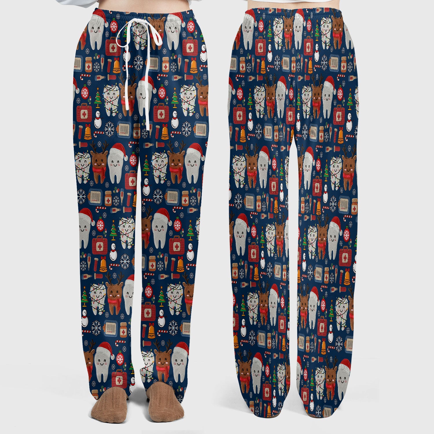 Christmas Dental Scrub Set - Cute Santa & Reindeer Tooth Pants and V Neck Top - Funny Gift for Dentists, Hygienists, Nurses