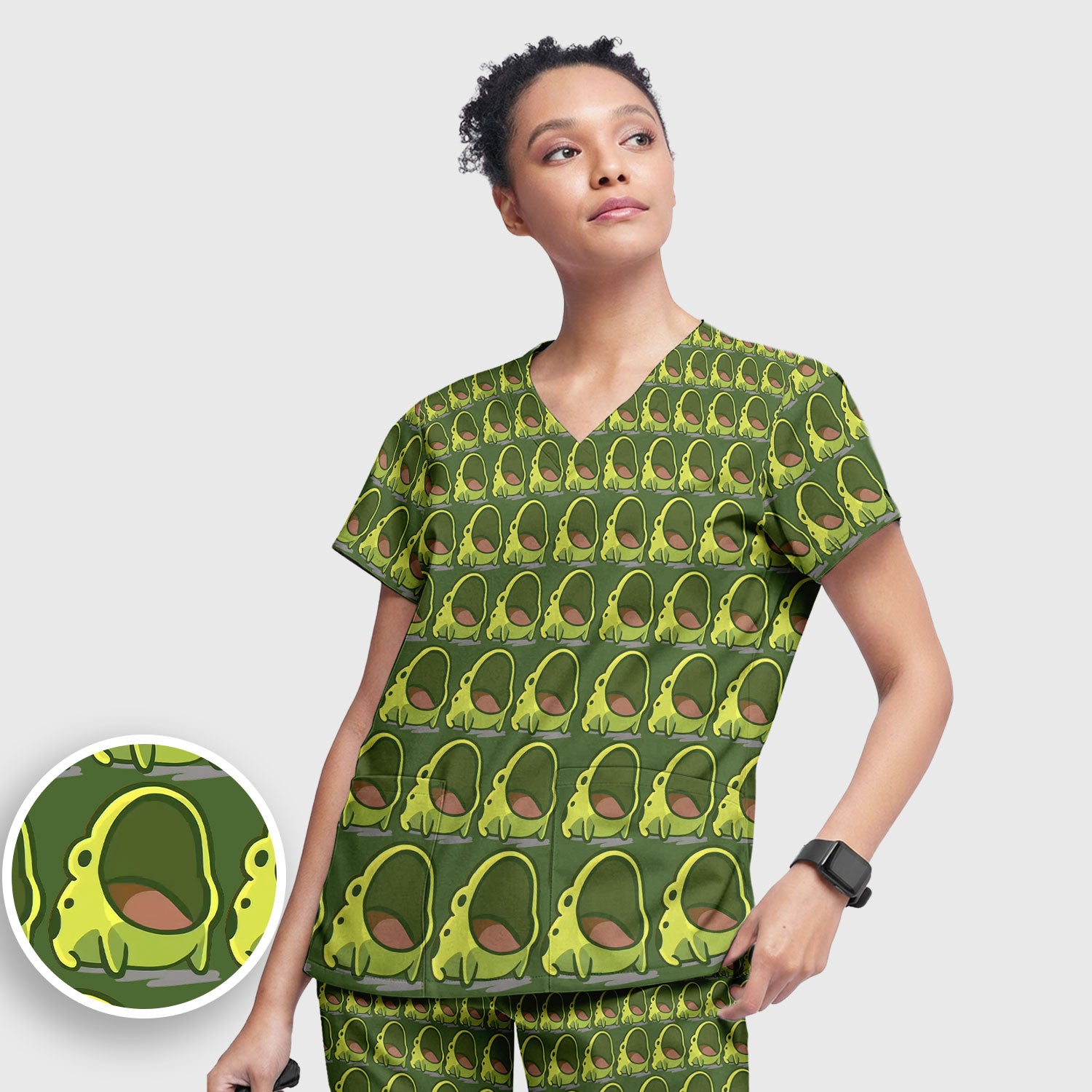 Cute Green Frog Cartoon Print Scrub Set, Scrub Pants and V Neck Top