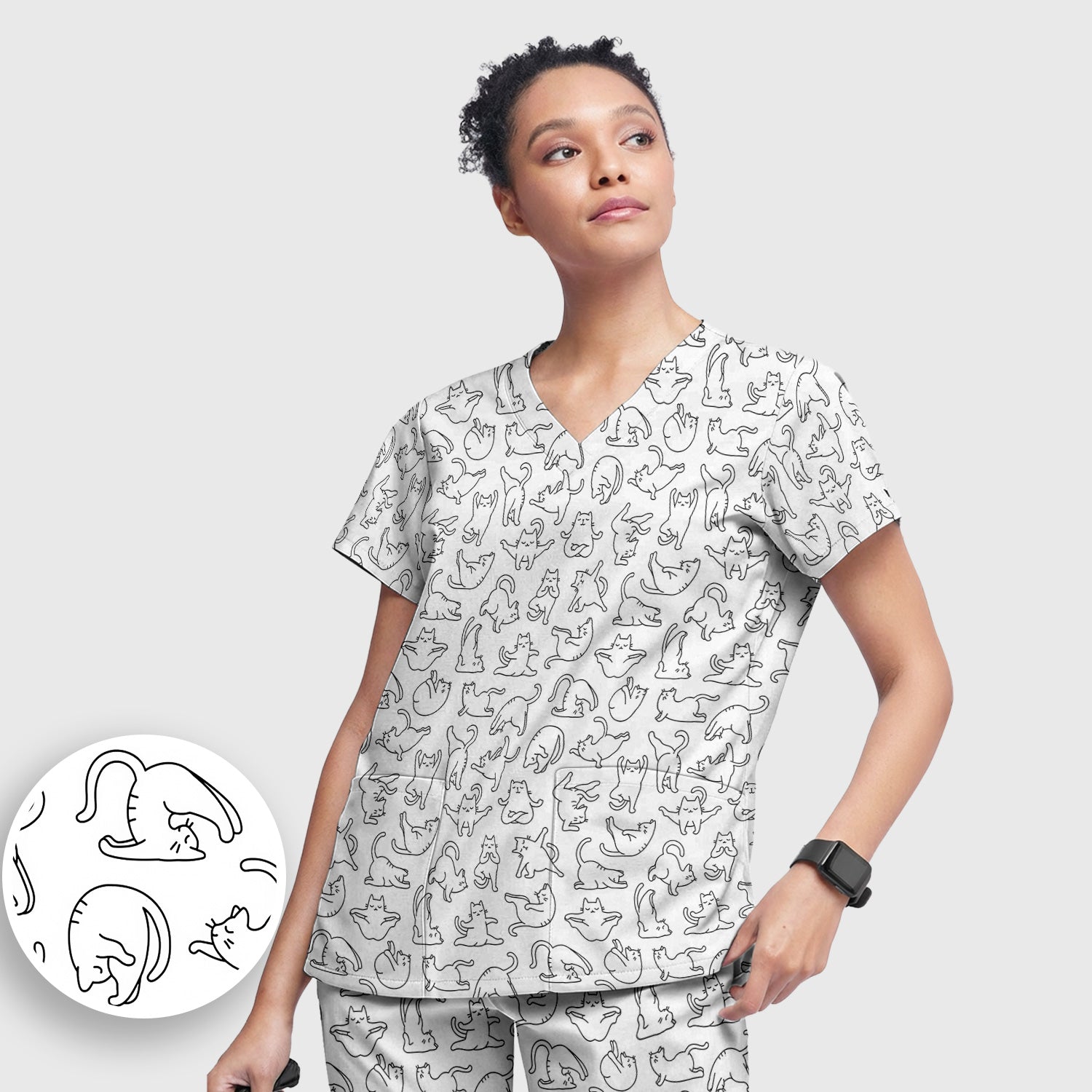 Cute Cat Outline Playing Pattern Scrub Set, Scrub Pants and V Neck Top