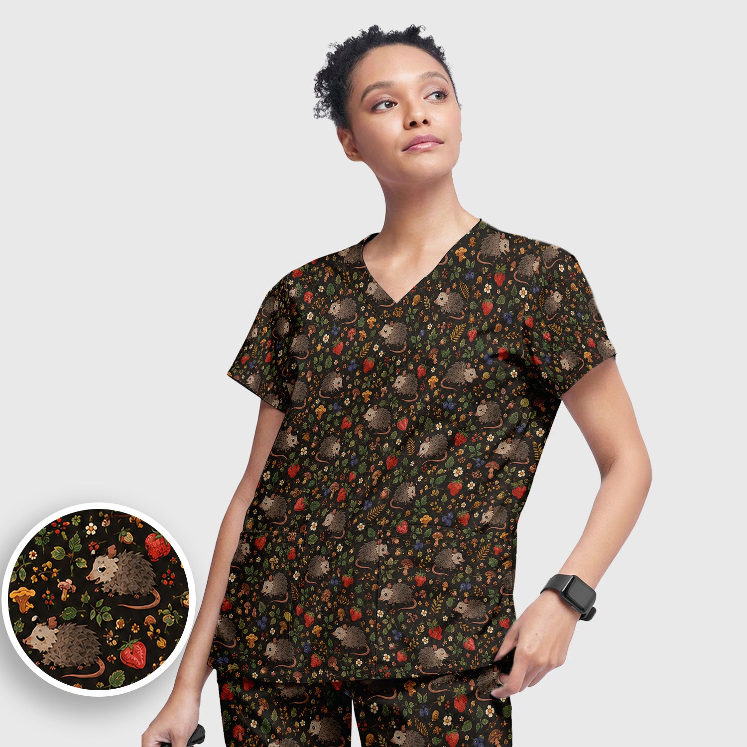 Woodland Opossum Berry Mushroom Pattern Scrub Set, Scrub Pants and V Neck Top